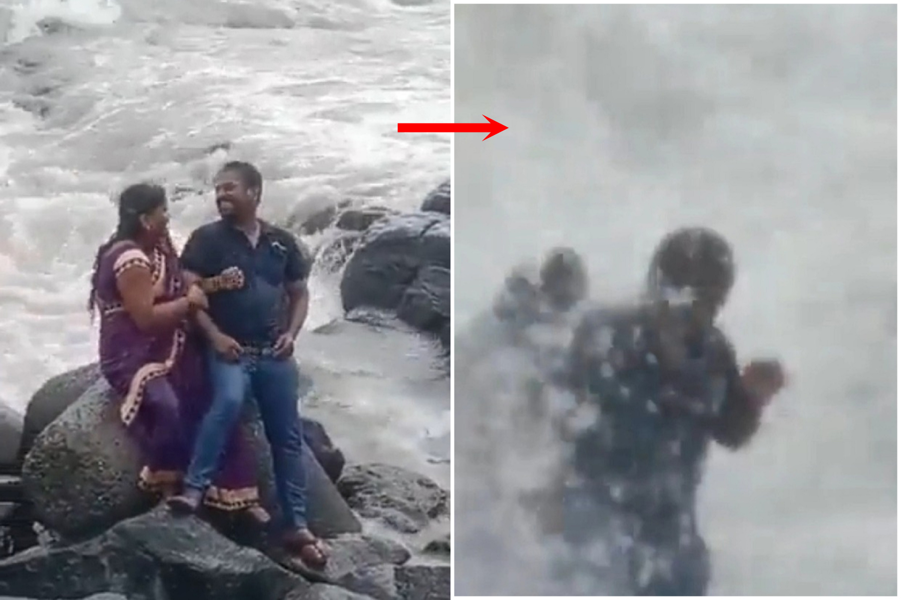 夫妻為攝美景不要命，大風浪中耍甜蜜！下一秒妻子被瘋狗浪捲走慘死。（翻自《太陽報》）