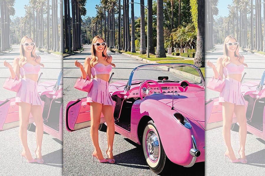 Margot Robbie在洛杉磯身著BOTTEGA VENETA出席電影首映前的宣傳活動。Mini Cabat編織皮革手提包 NT$159,000（BOTTEGA VENETA提供）