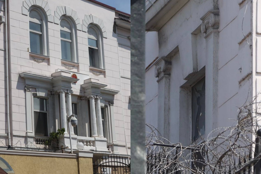 中國駐敖德薩總領館近日受到俄羅斯空襲波及，一面窗戶被震破。（翻攝自Oleh Kiper Telegram）