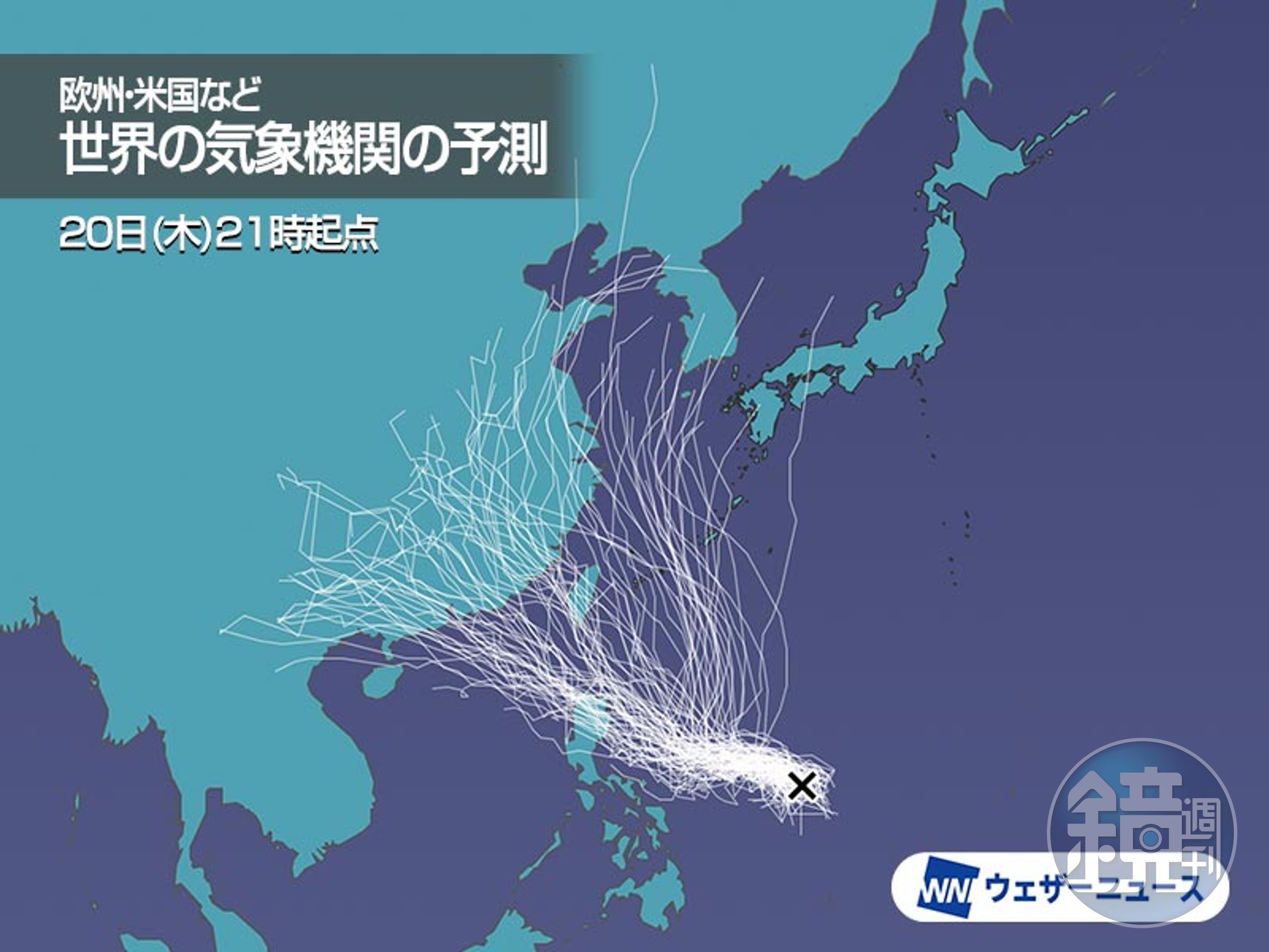 杜蘇芮各國預測路徑曝光「朝台灣衝過來」,氣象局:不排除24日發海警。(翻自《Weather News》推特)