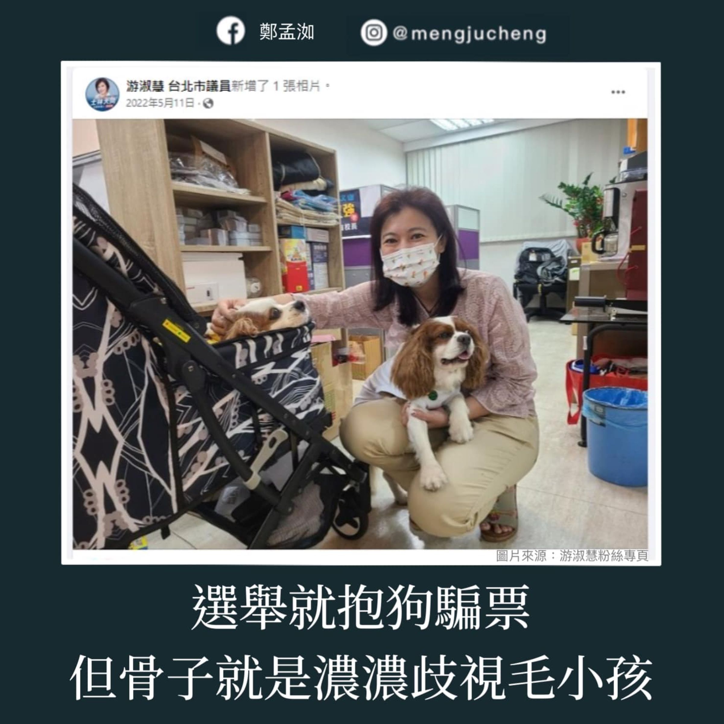 鄭孟洳翻出游淑慧過去的貼文，反擊她逢選舉時就抱狗騙票，但骨子裡卻歧視毛小孩。（翻攝鄭孟洳臉書）