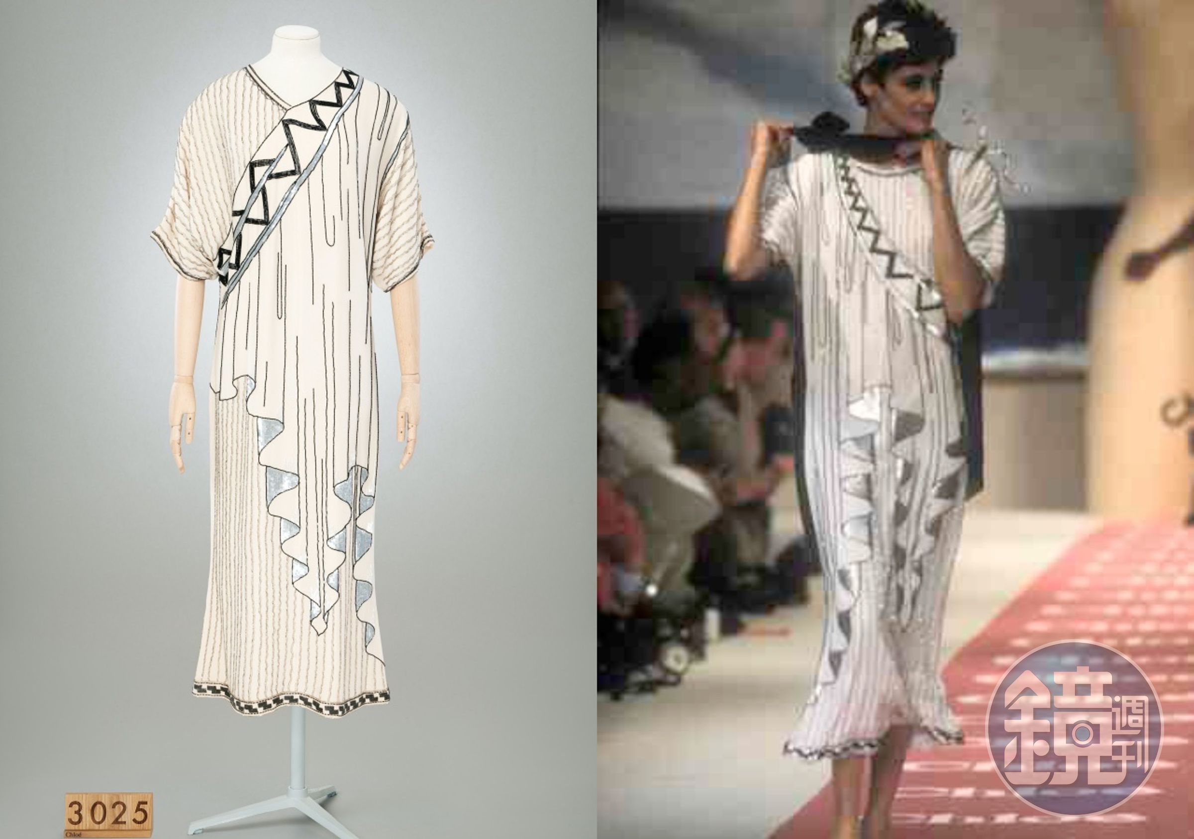 (圖左)Chloé 1984年春夏系列「Cretoise」洋裝;(右)超模Ines de la Fressange穿「Cretoise」洋裝壓軸亮相。(Chloé提供)