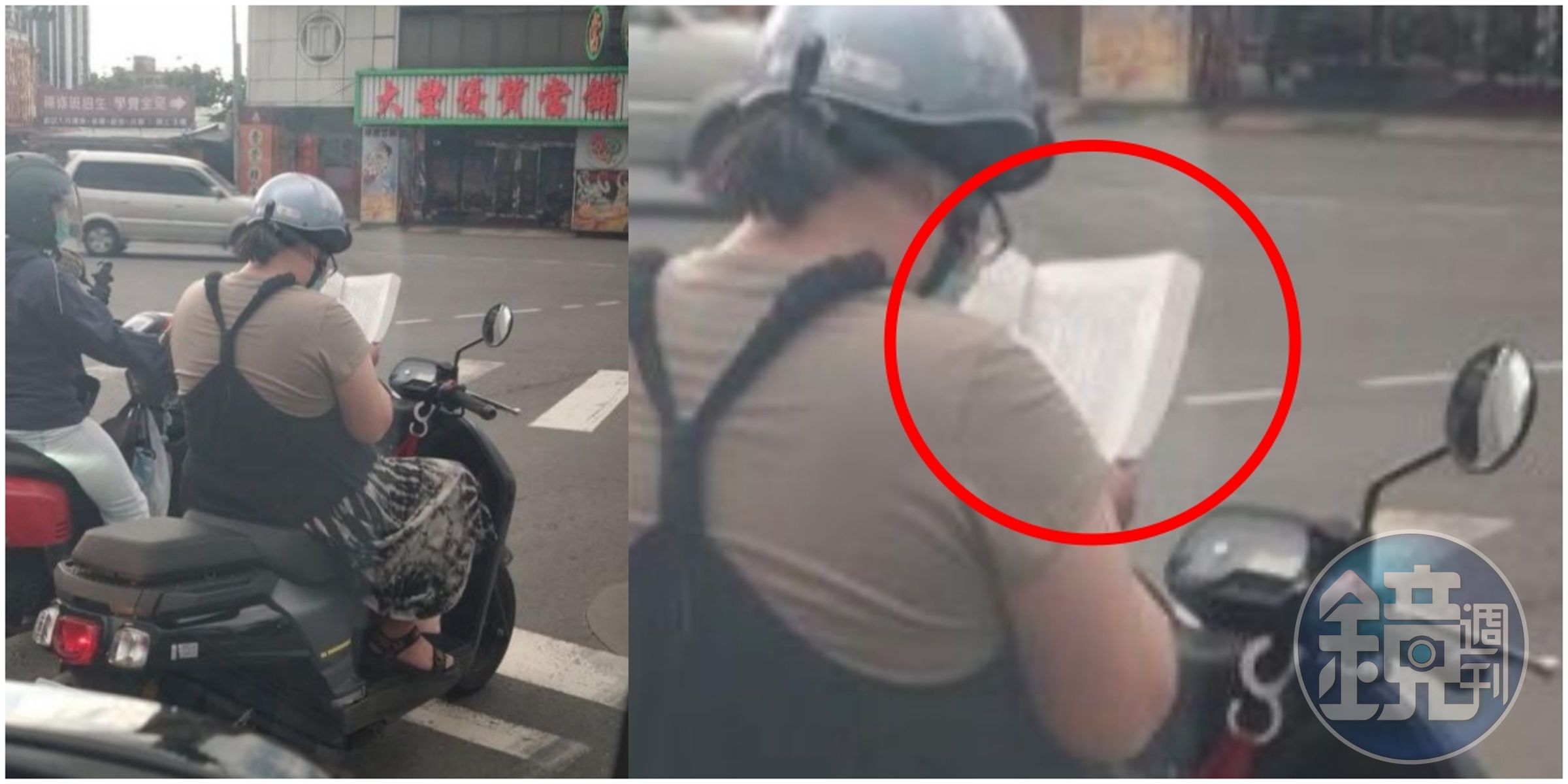 女騎士在等紅綠燈時，不是拿手機出來華，竟然是拿著一本書認真閱讀，被網友笑稱「這下警察都不好意思罰了」。（翻攝自路上觀察學院）