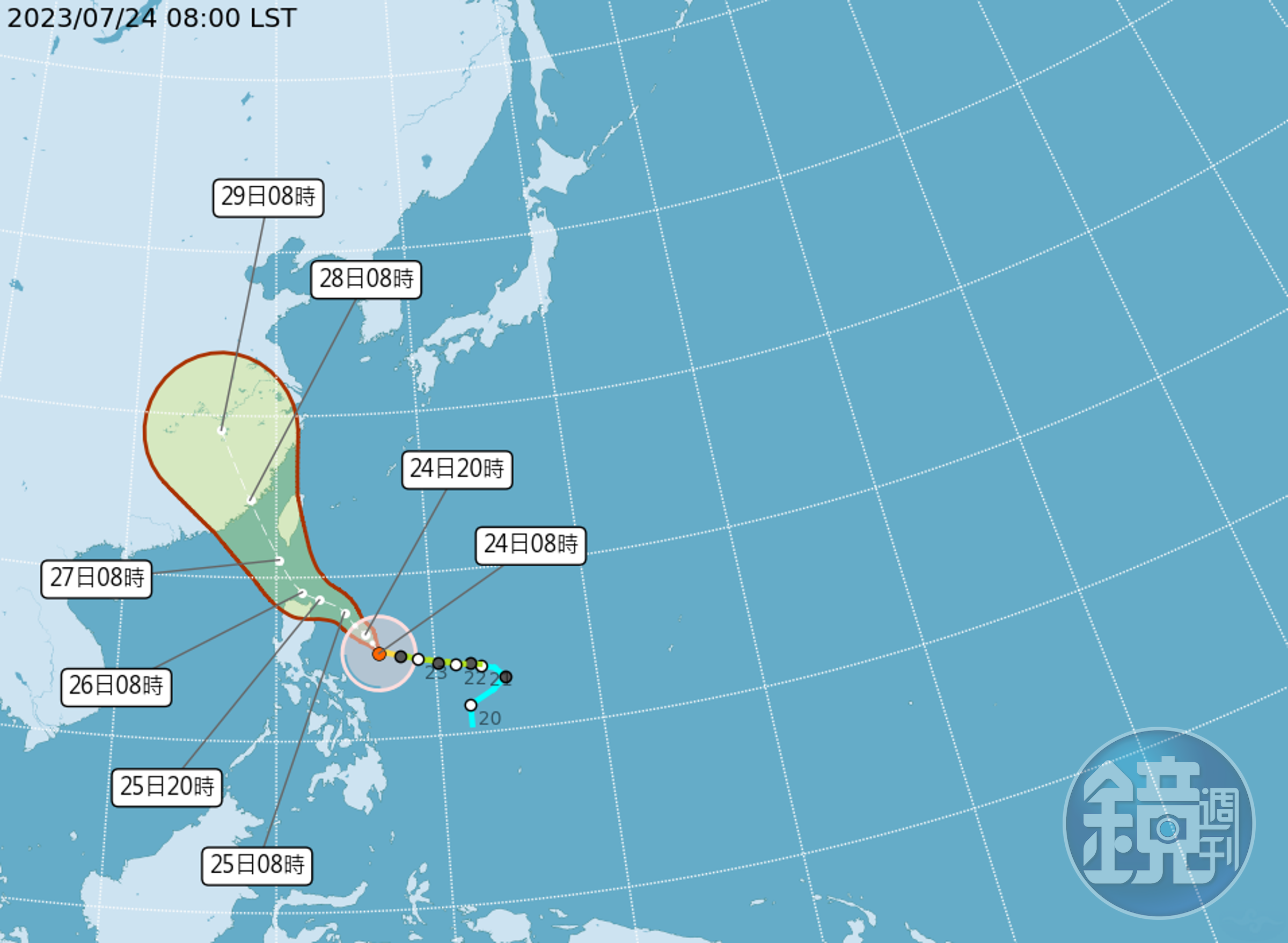 中颱杜蘇芮可能會從台灣西側經過，為中南部帶來驚人的風勢、雨勢，週四中南部有較高機會放颱風假。（中央氣象局提供）