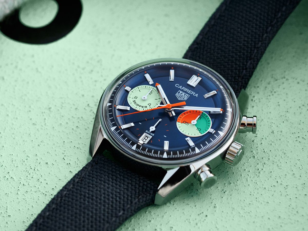 泰格豪雅（TAG HEUER）發表Carrera Skipper帆船計時錶款，以全新Carrera計時碼錶的殼型，重現1968年Skipperera 7754的經典配色。定價約NT$222,100。