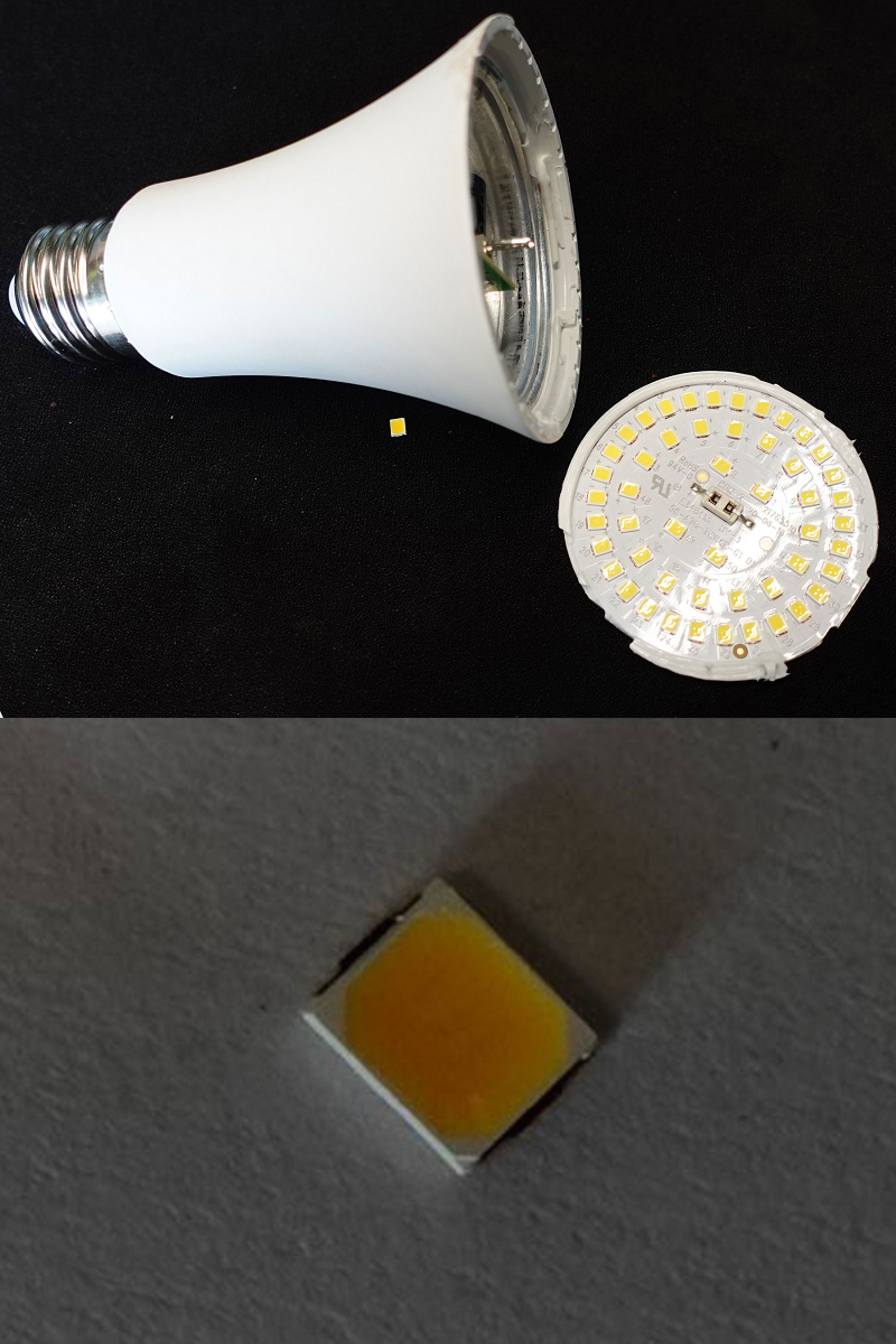 LED燈泡和底座拆開後，裡面的晶片（下圖）是億光控訴違反專利的關鍵。（讀者提供）