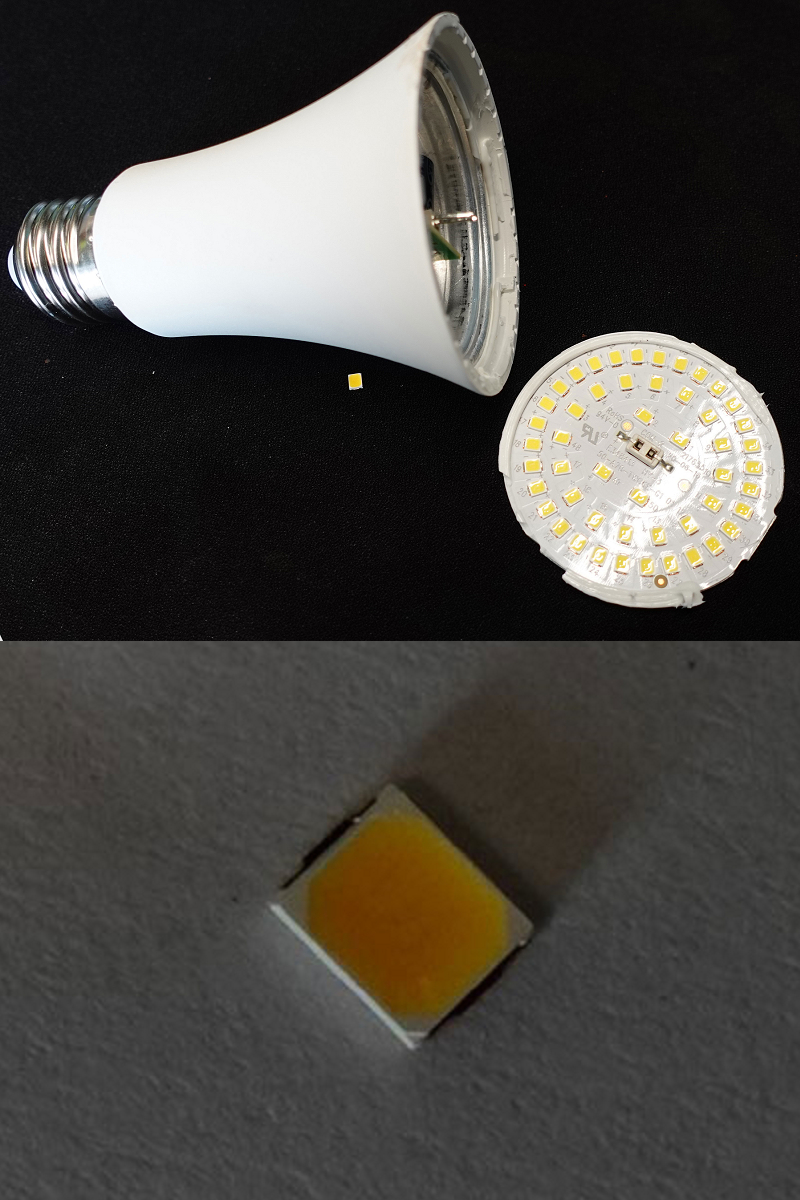 LED燈泡和底座拆開後，裡面的晶片（下圖）是億光控訴違反專利的關鍵。（讀者提供）