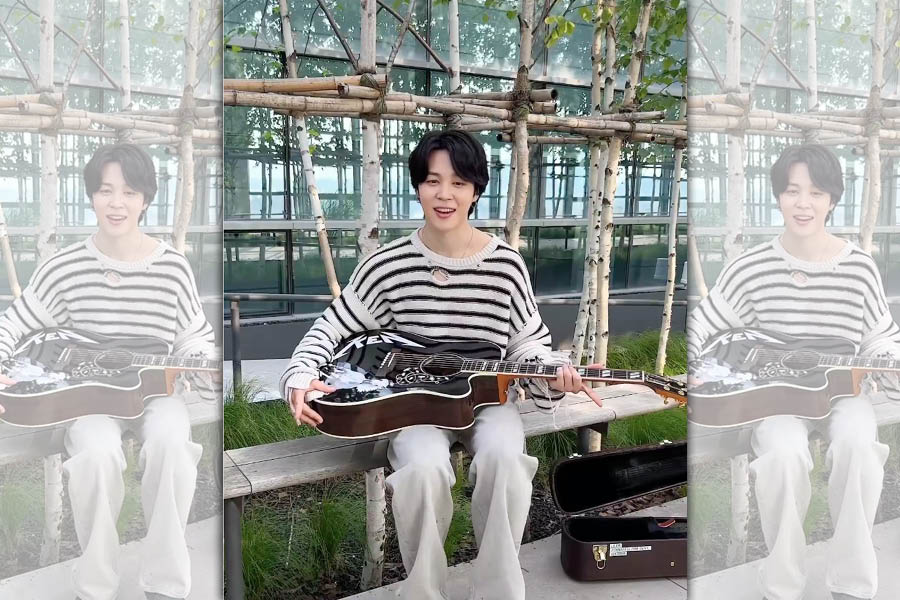 Jimin收到了片中肯尼用的吉他，表示就算撞衫，萊恩葛斯林穿起來還是很好看。（翻攝自Jimin官方Instagram）