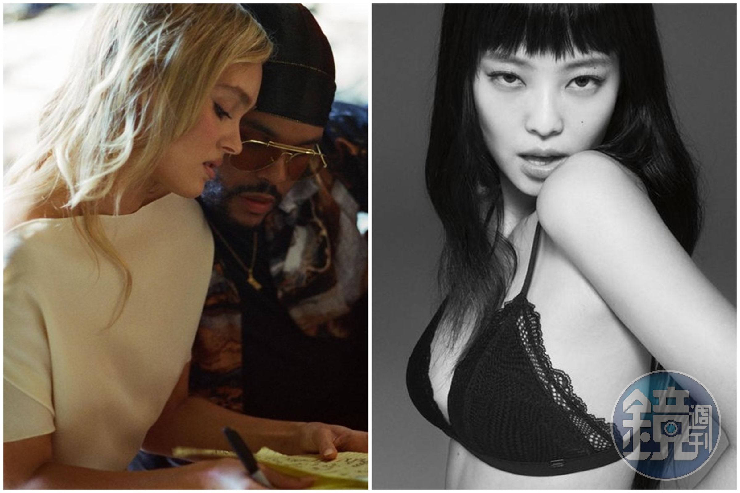 威肯(左圖右)與JENNIE(右)在《偶像漩渦》有煽情對手戲,威肯新歌疑似影射與JENNIE在南法有過一夜情。(左圖HBO GO提供,右圖Calvin Klein提供)