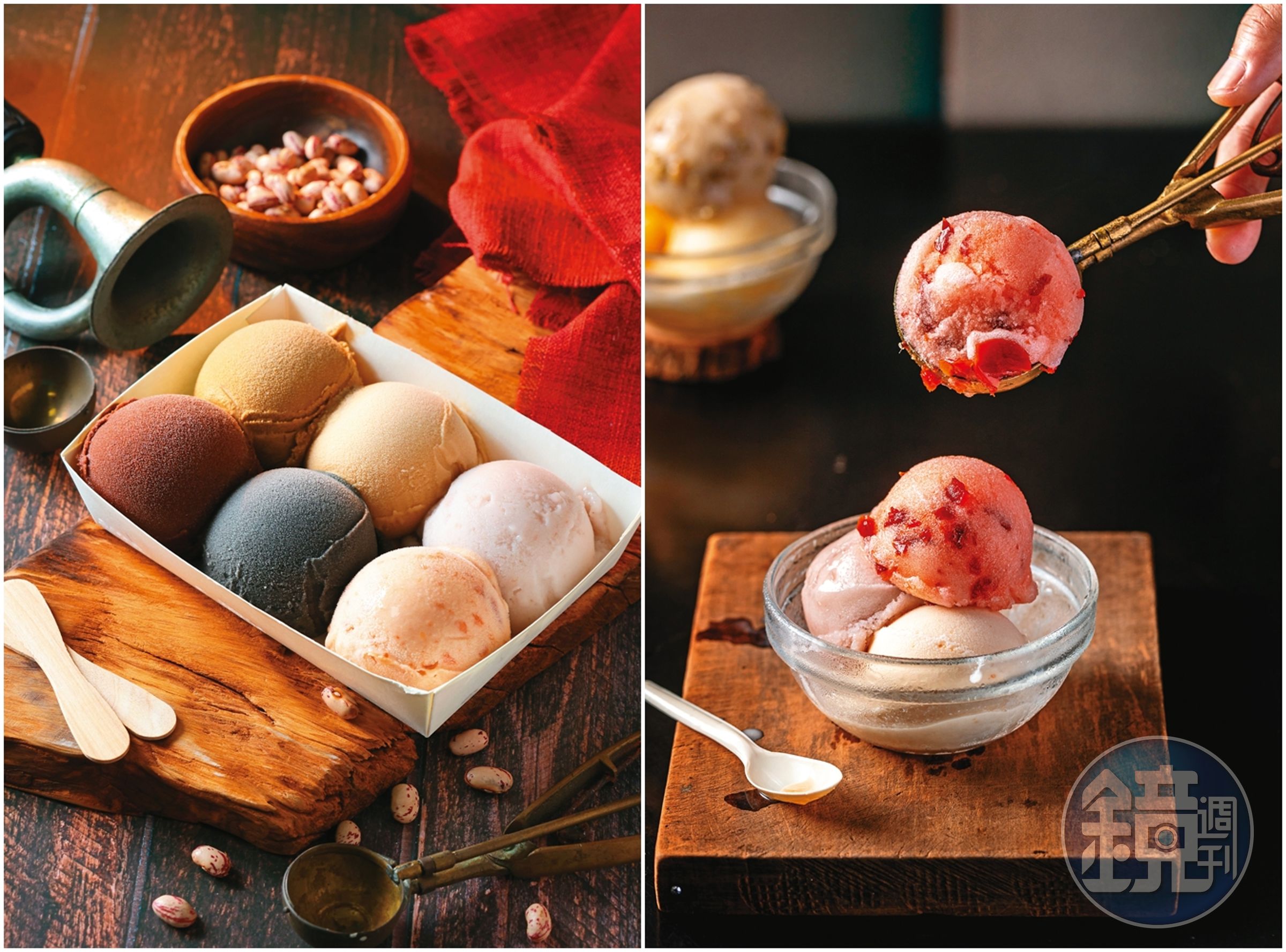 右圖，「松屋」不含乳脂的「雪冰」解渴不膩人，「芋頭」「綠豆」「花生」是雋永的古早味，「酸梅」「芒果」「鳳梨」則有水果的清新鮮爽。（皆50元／3球）；左圖，貪心鬼最愛和美的「吧噗便當」，（前排左到右）巧克力、芝麻、大紅豆，（後排左到右）花生、奶茶、芋頭共6款經典口味，老闆還特地排成漸層色系。（150元／盒，6大球）