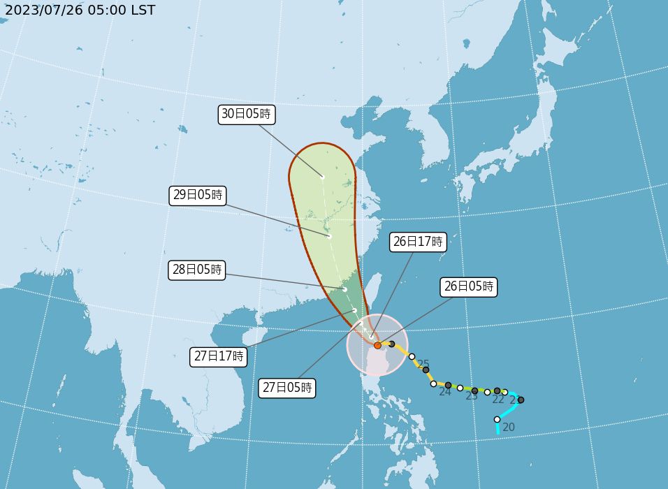 今年第5號中度颱風「杜蘇芮」來勢洶洶，原路徑南修，但最新路徑顯示杜蘇芮蛇行，要北上了。（翻攝自氣象局）