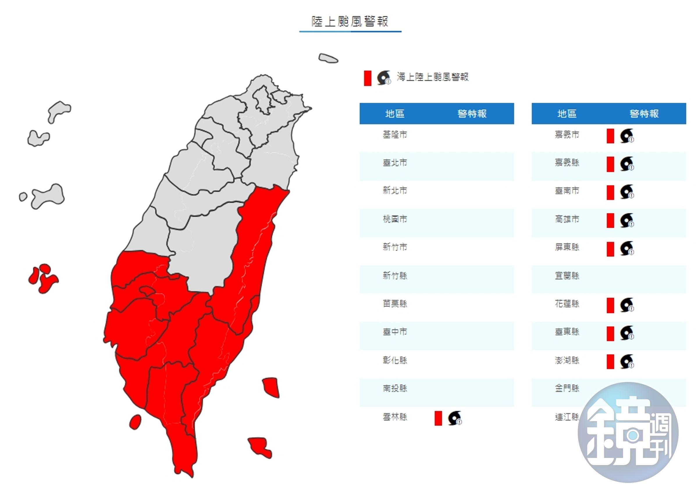 中央氣象局發布陸上颱風警戒。(中央氣象局提供)