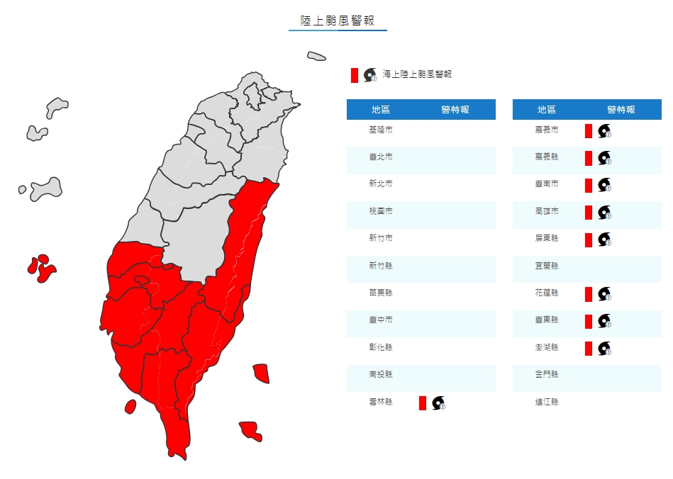 中央氣象局發布陸上颱風警戒。（中央氣象局提供）