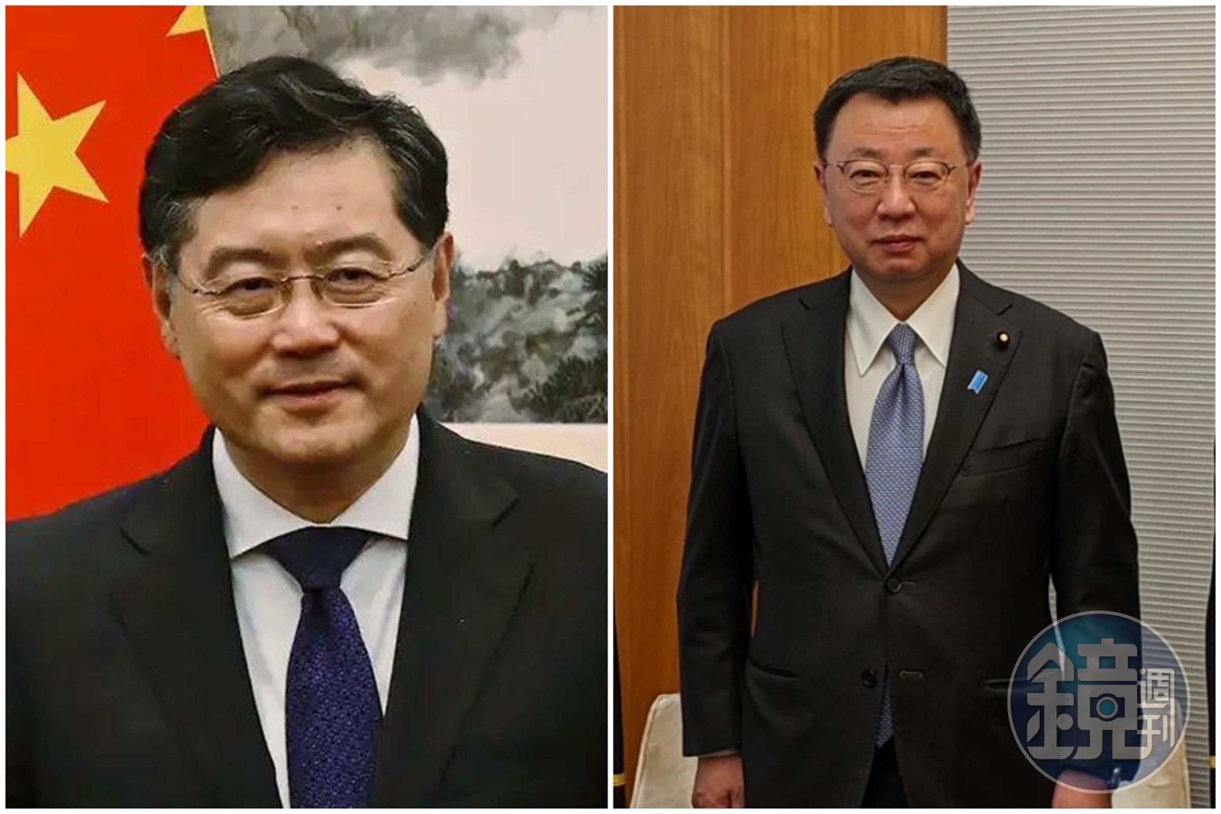 秦剛（左）神隱一個月後遭到免職；對此，松野博一（右）發表日方立場。（翻攝自推特）