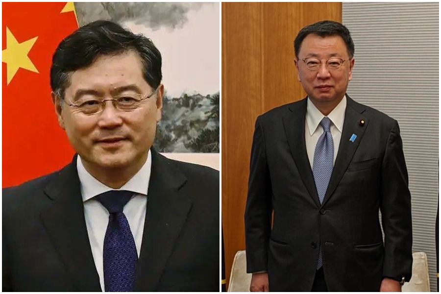 秦剛（左）神隱一個月後遭到免職；對此，松野博一（右）發表日方立場。（翻攝自推特）