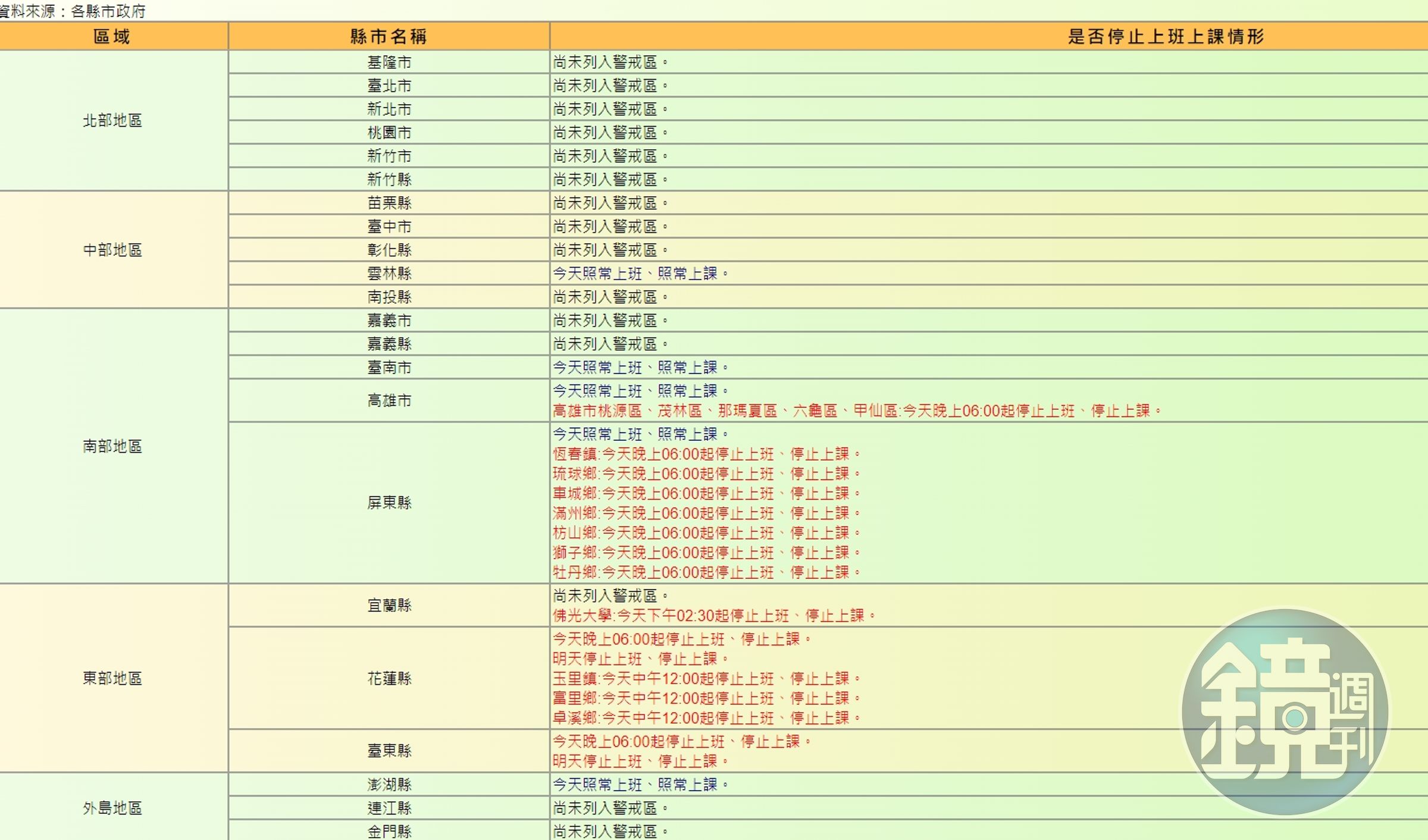 各縣市陸續宣布停班停課訊息。(翻攝自行政院人事行政總處)