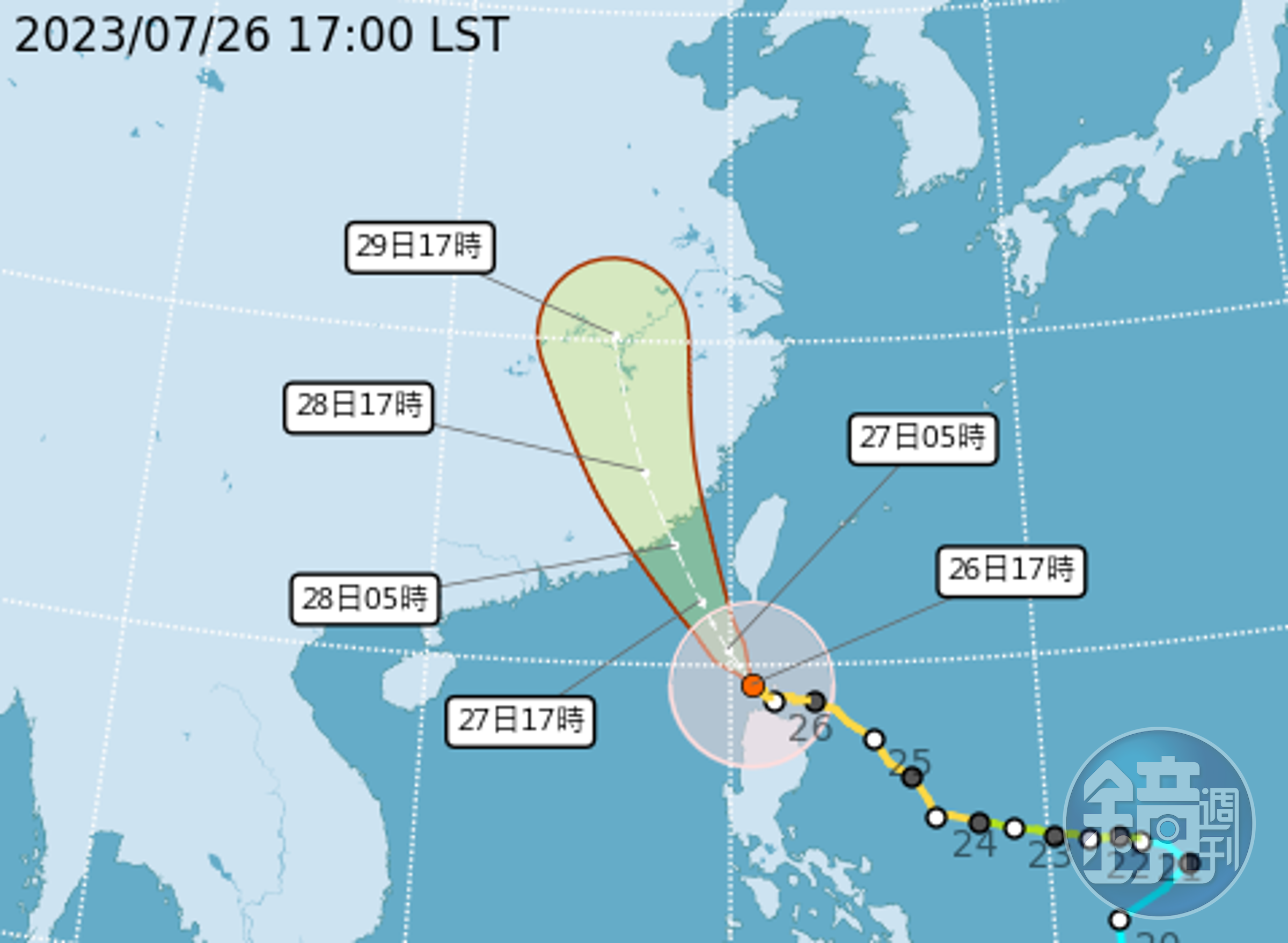 杜蘇芮颱風潛勢路徑預測。（中央氣象局提供）