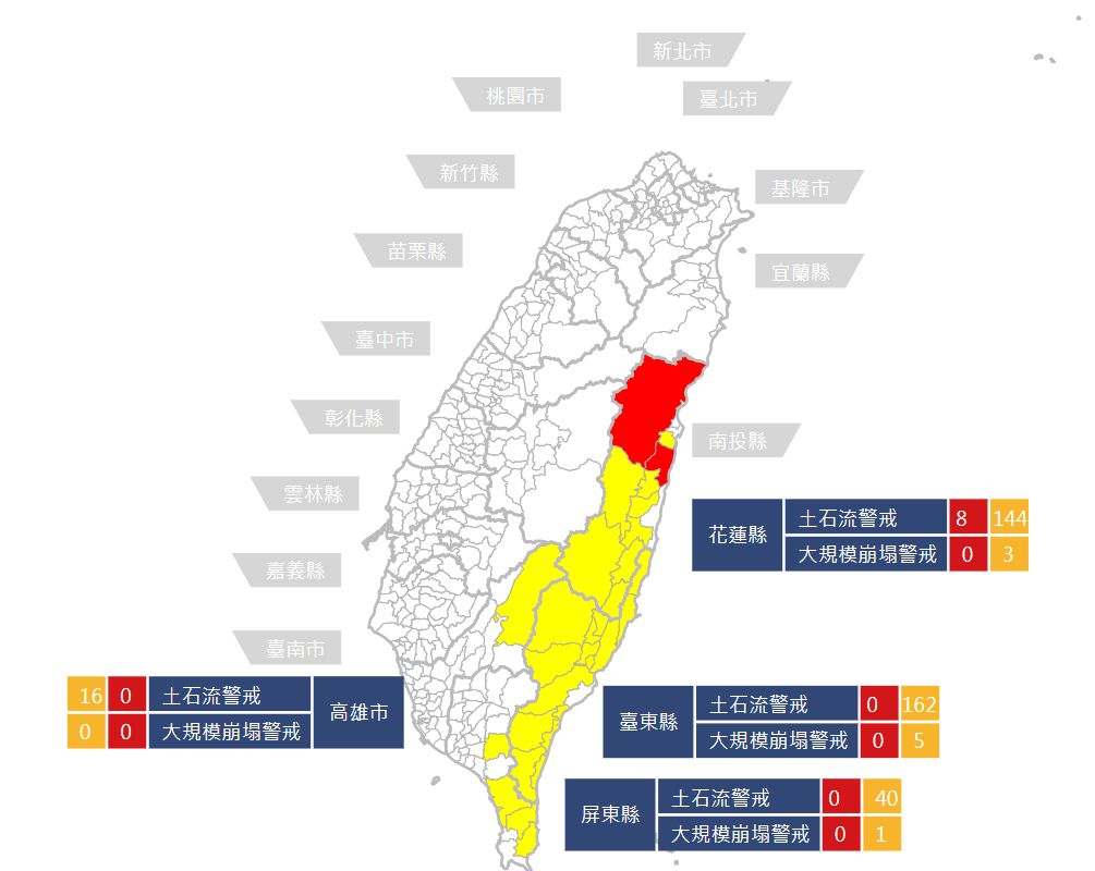 行政院農業委員會水土保持局昨晚對花蓮發布8條紅色警戒。（行政院農業委員會水土保持局）