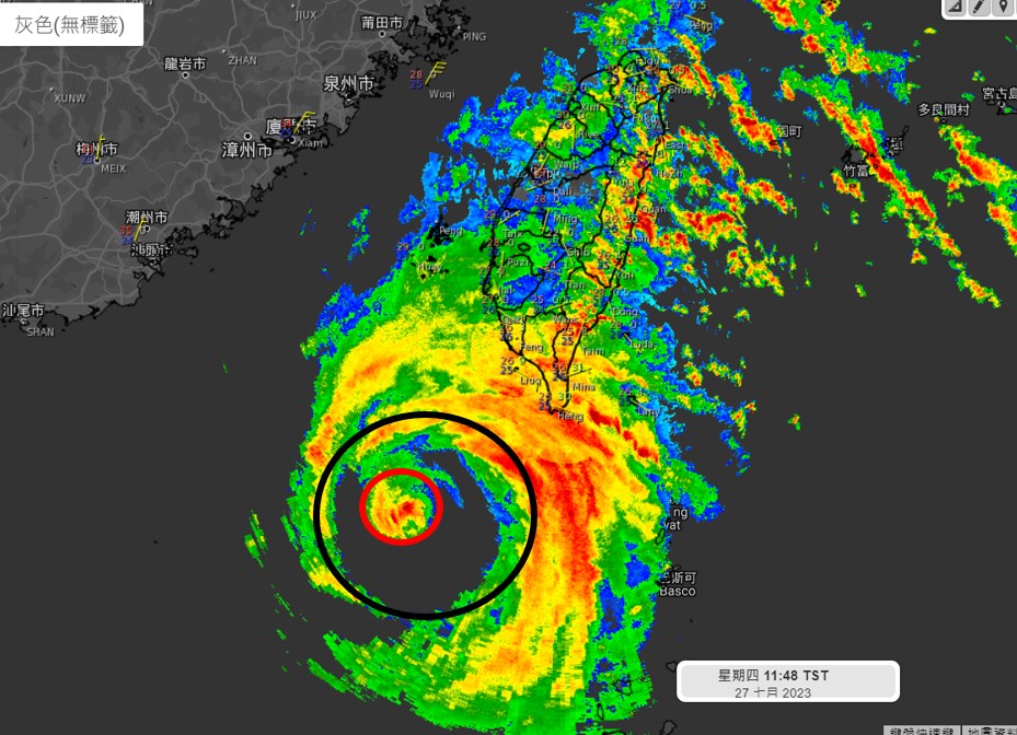 中颱杜蘇芮發展出較明顯的「雙眼牆結構」。（翻攝自天氣職人-吳聖宇臉書粉專）