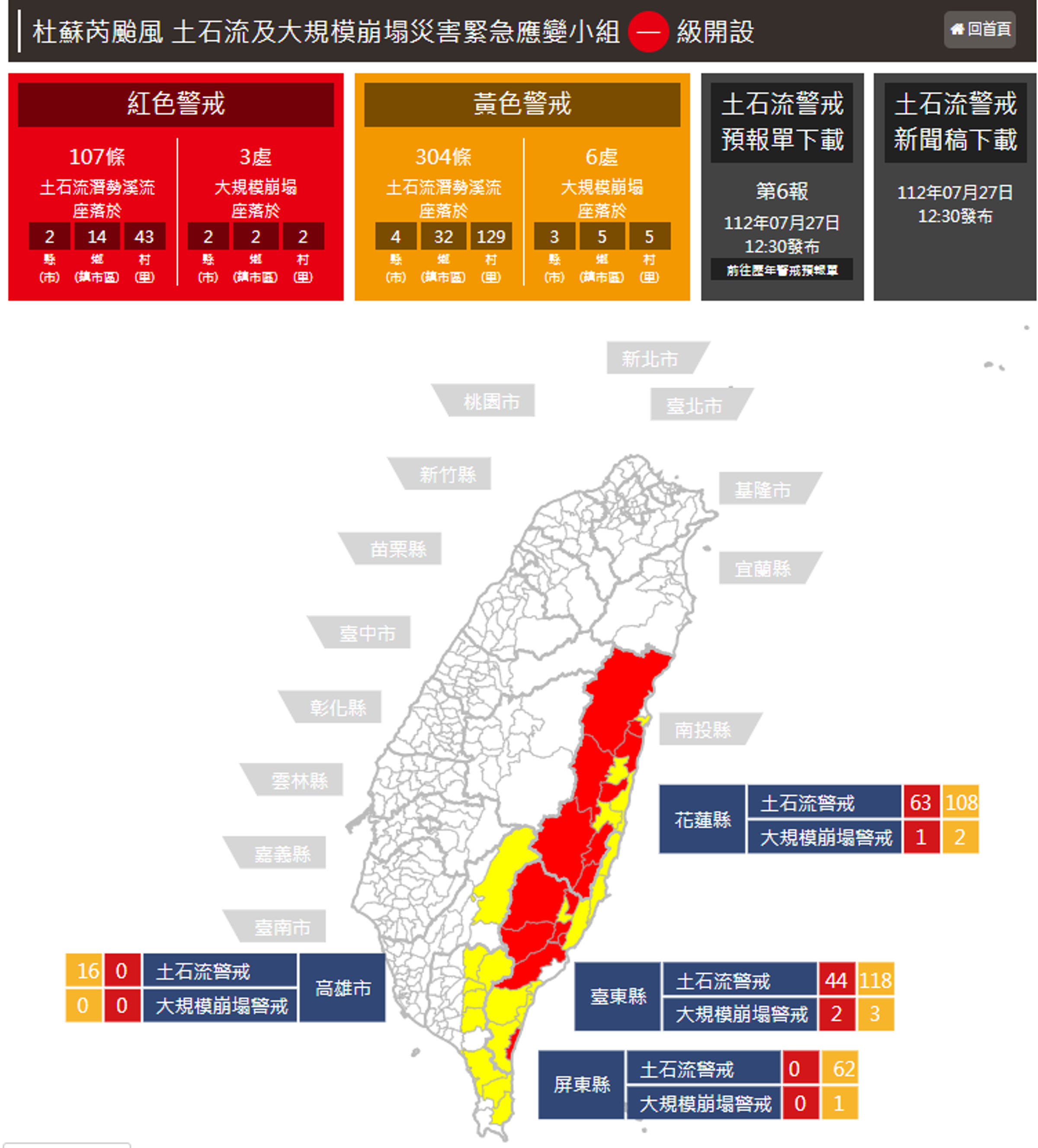 花東地區共有107條土石流紅色警戒,3處大規模崩塌警戒。(翻攝自土石流及大規模崩塌資訊網)