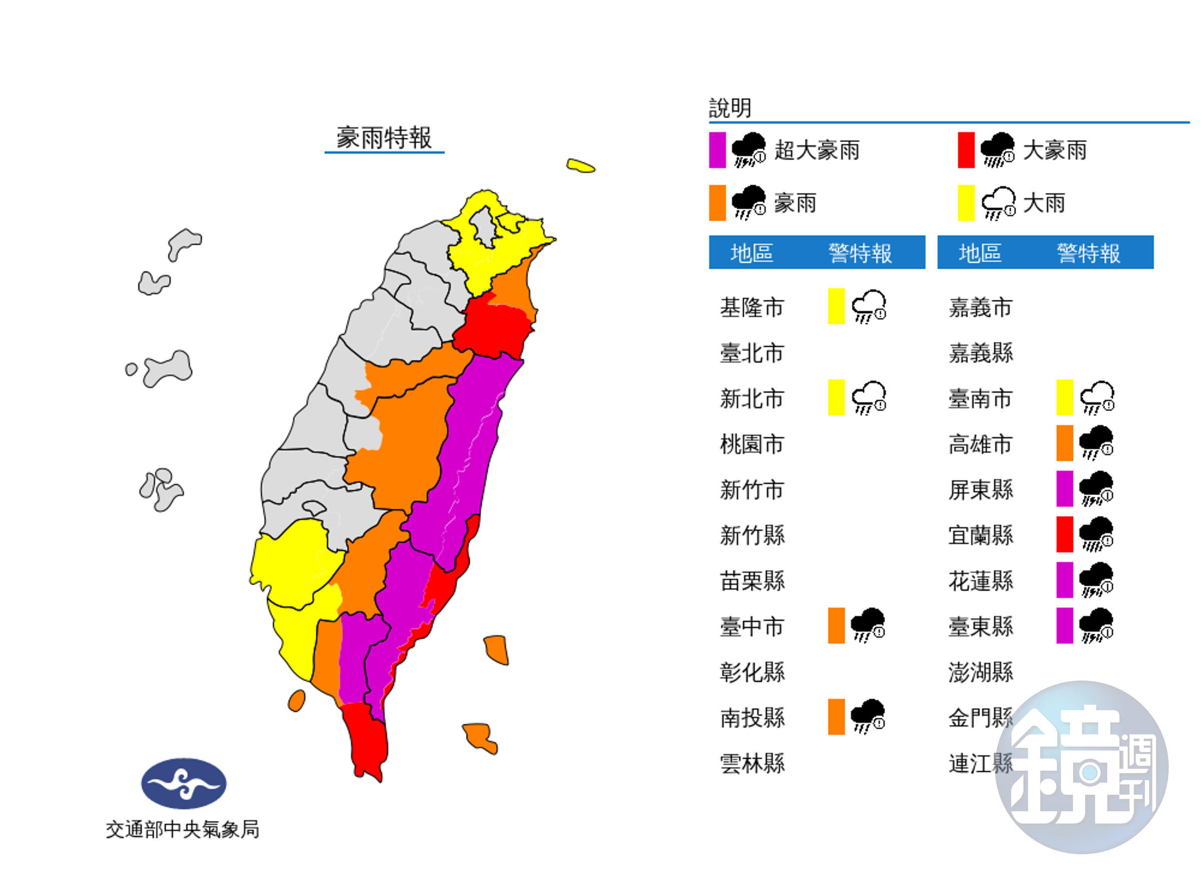 氣象局稍早更新豪雨特報，其中花東及屏東地區呈紫爆狀態。（翻攝自中央氣象局官網）