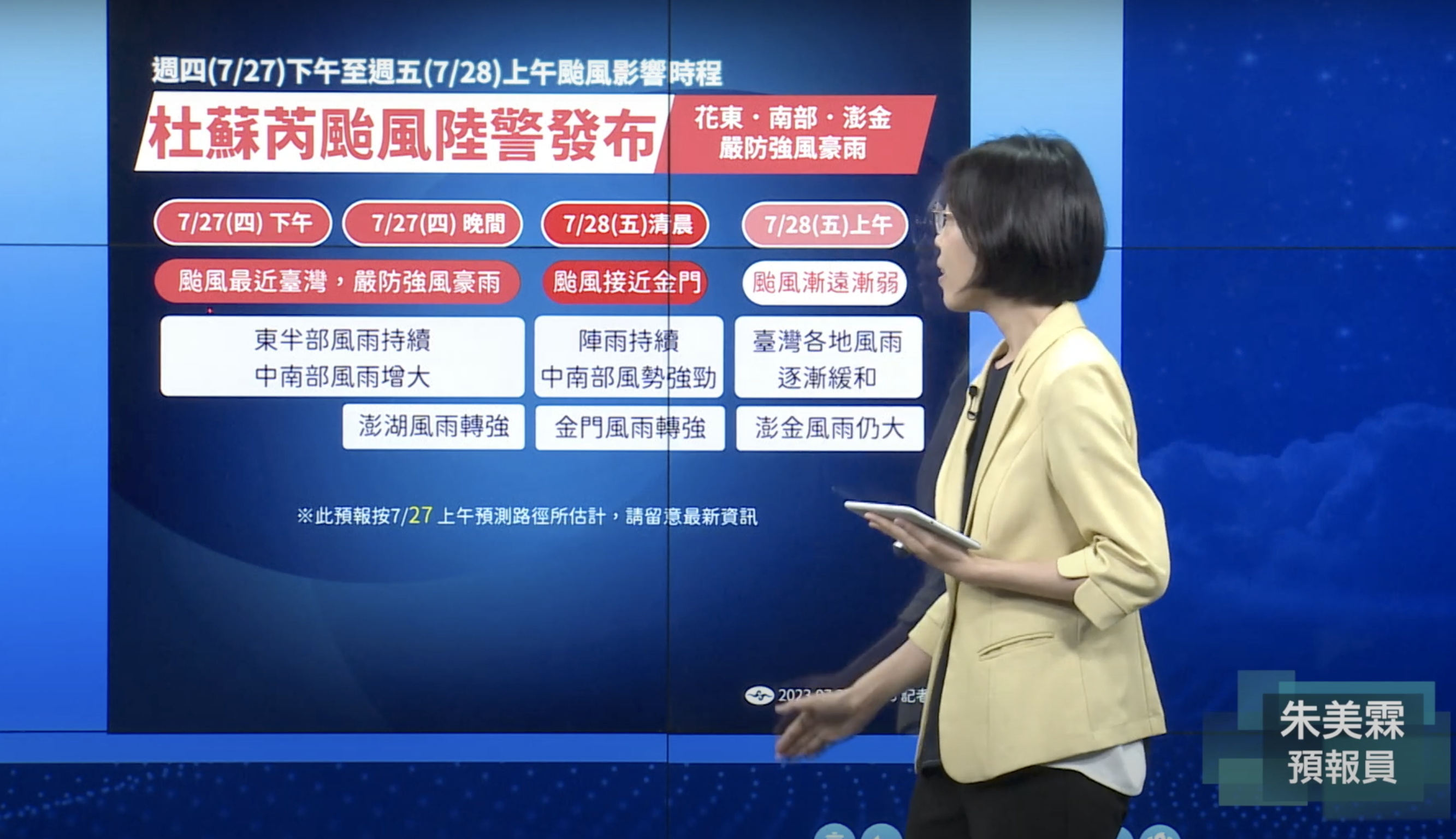 杜蘇芮將於28日逐漸遠離台灣。（翻攝氣象局直播畫面）