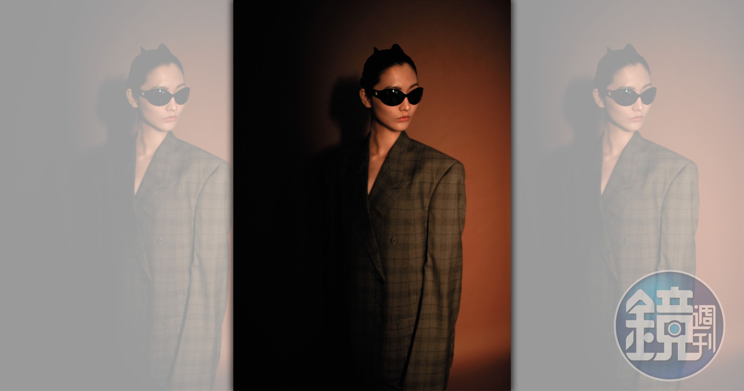 灰色剪裁格紋解構外套 NT$138,350 by BALENCIAGA;灰色剪裁格紋解構短褲 NT$57,700 by BALENCIAGA;TRIOMPHE 11太陽眼鏡 NT$16,250 by CELINE BY HEDI SLIMANE。