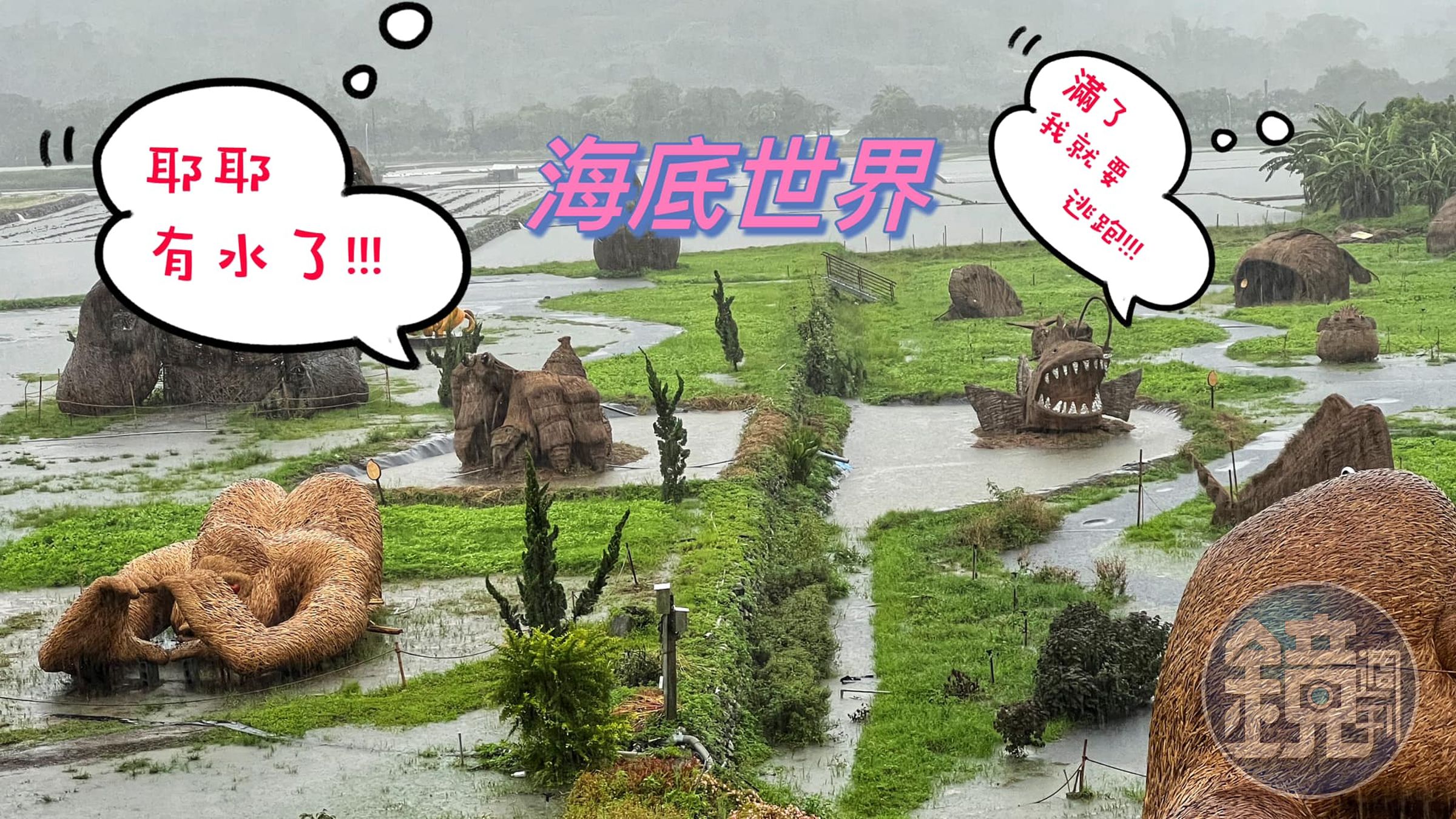 「稻草藝術季」淹水變成一片汪洋。(翻攝花蓮縣富里鄉農會臉書)