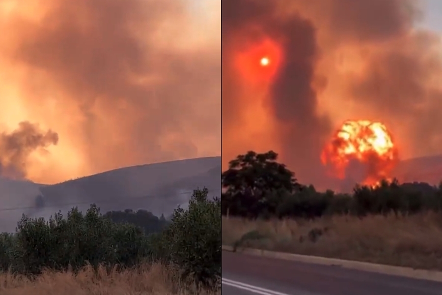 希臘近日野火頻頻，週四中部一處空軍基地的彈藥庫也驚傳火災爆炸。（翻攝自Twitter）