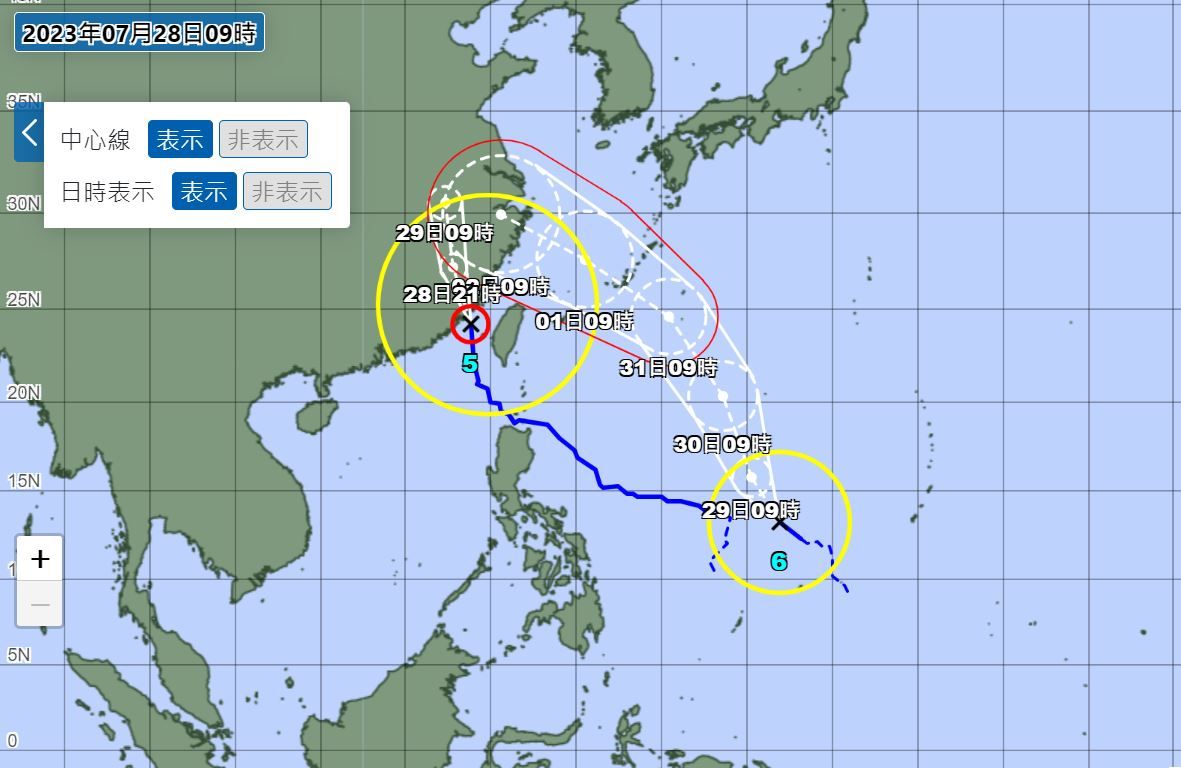 杜蘇芮還未離開，卡努緊追在後，成雙颱共存。（翻攝自日本氣象廳）
