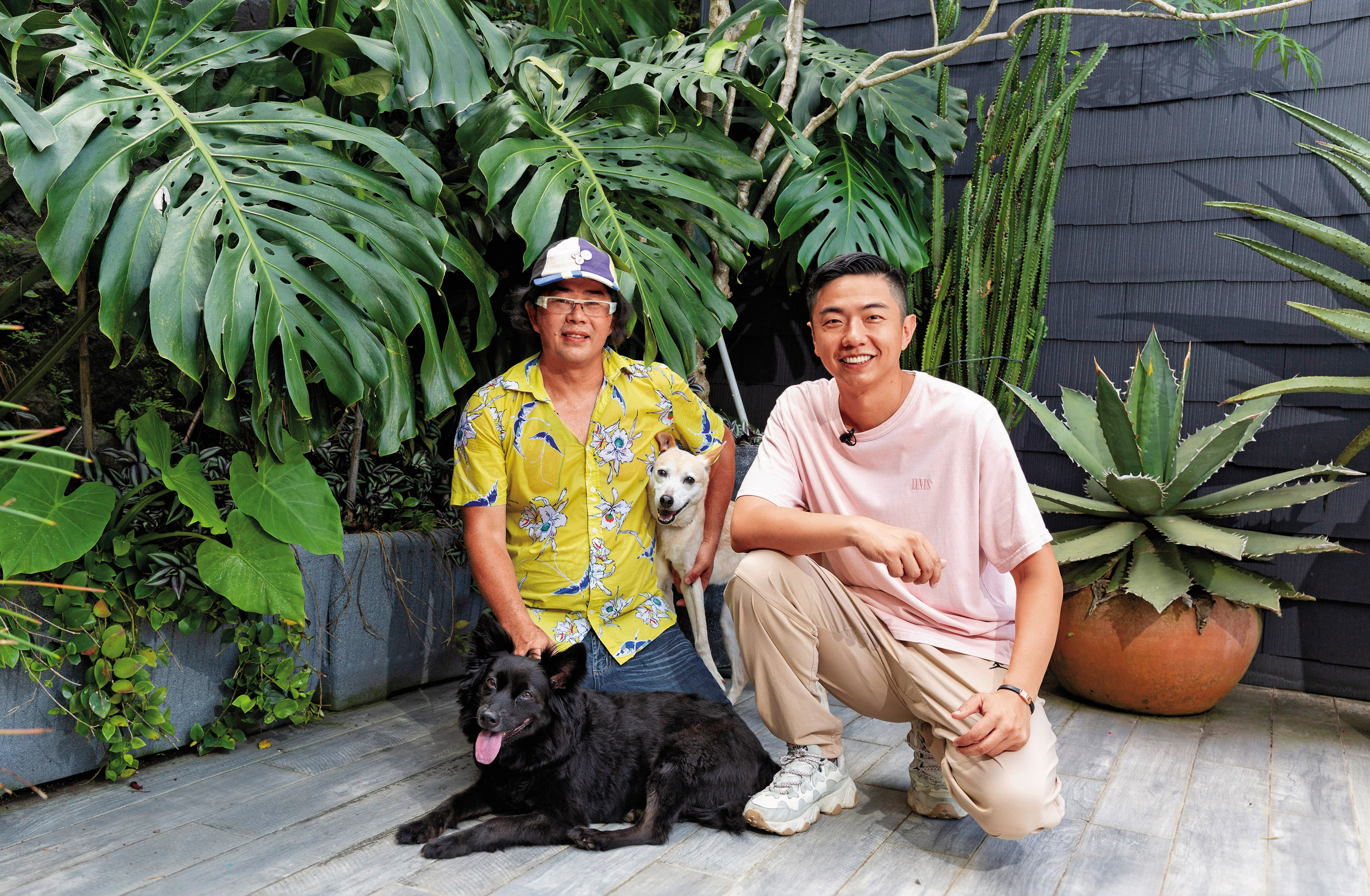 熊爸(右)這回到設計師林國基(左)家,探訪林國基領養的米克斯LiLi(中)和LuLu(前)在山間別墅悠閒的生活。