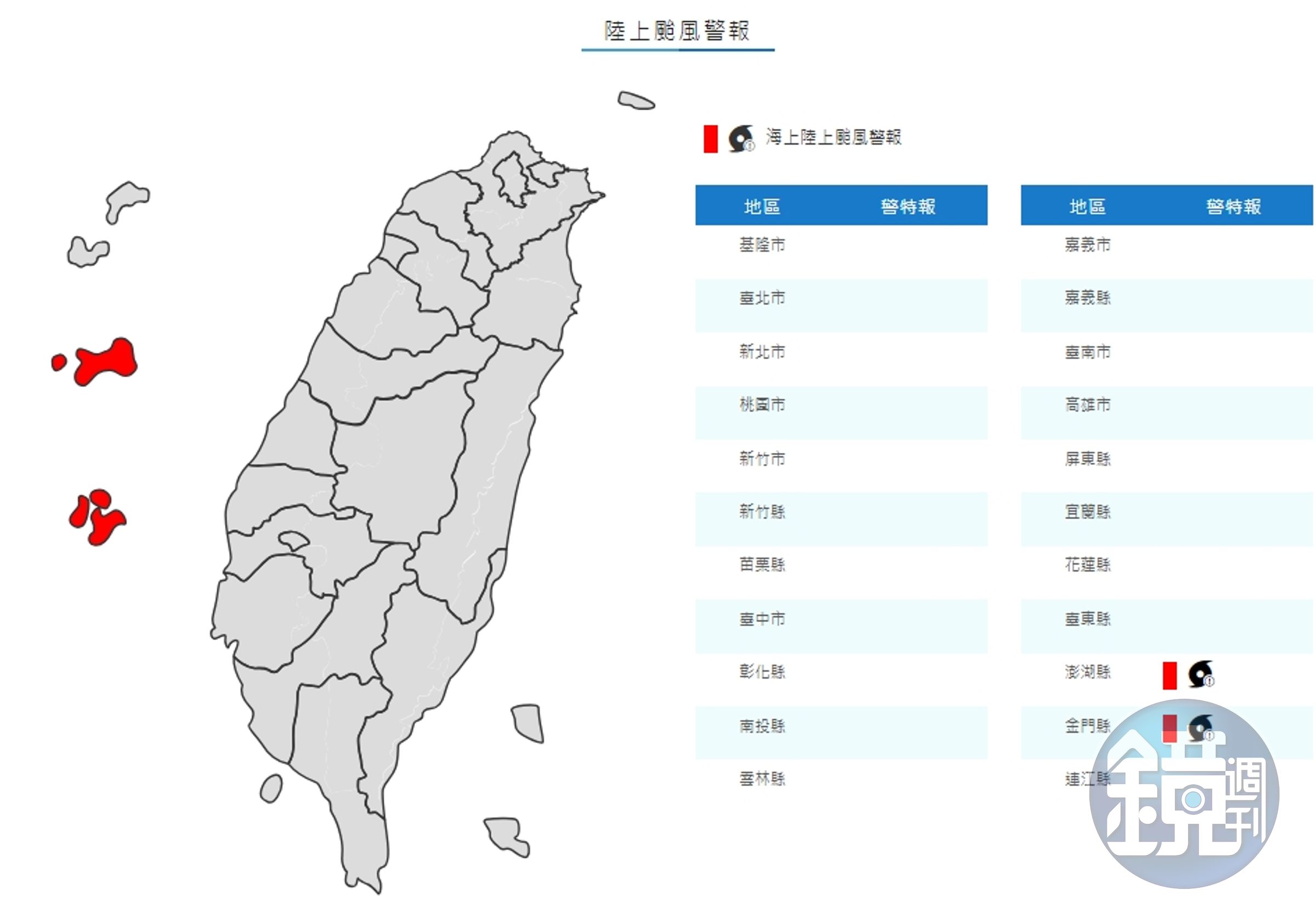 中央氣象局發布陸上颱風警報。(中央氣象局提供)