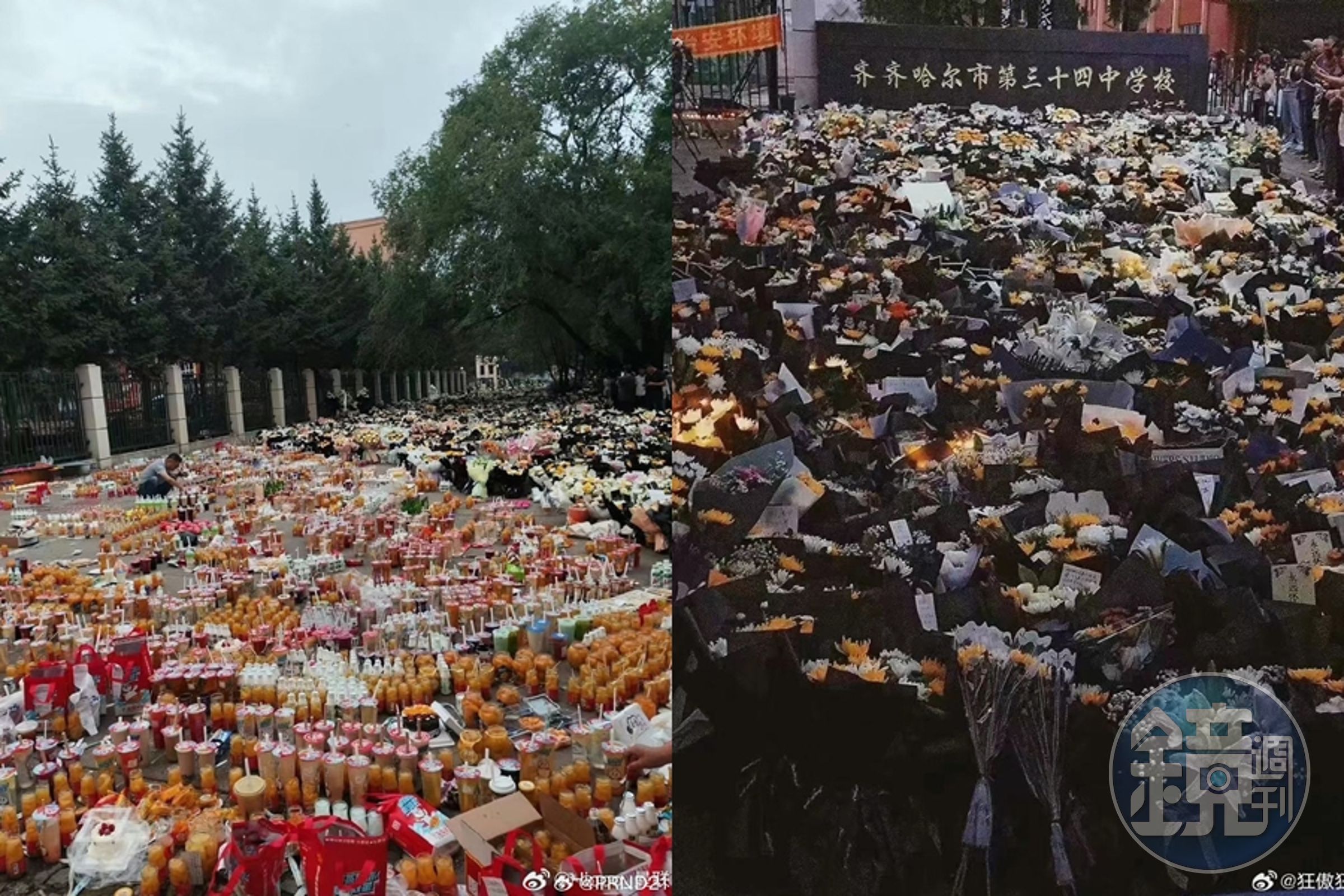 第34中學的坍塌意外發生後，校門口聚集了民眾送來的悼念花束。（翻攝自微博）