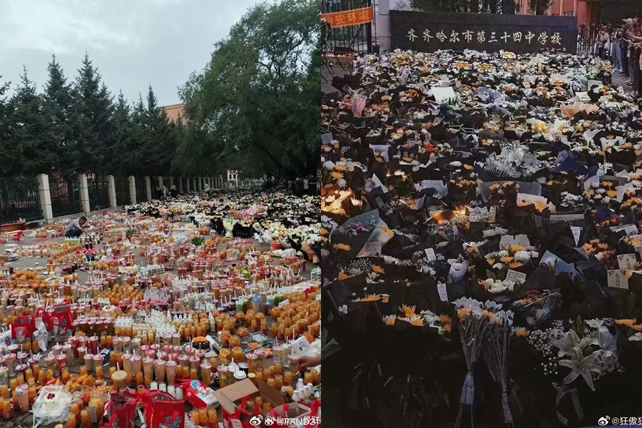 第34中學的坍塌意外發生後，校門口聚集了民眾送來的悼念花束。（翻攝自微博）