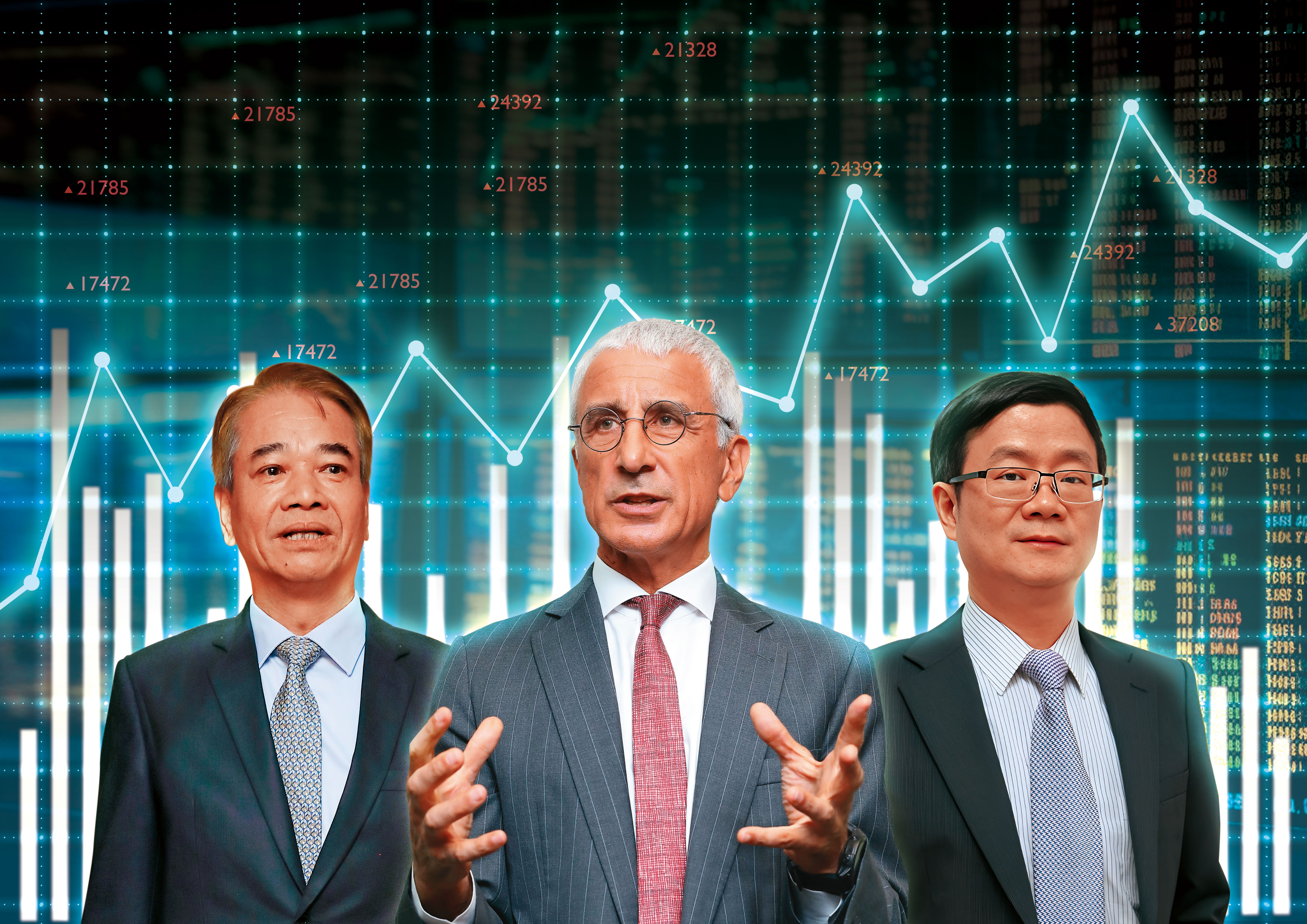 富邦投顧董事長蕭乾祥（左起）、寬量國際策略長谷月涵、康和證券投資總監廖繼弘，分析下半年台股布局方向。