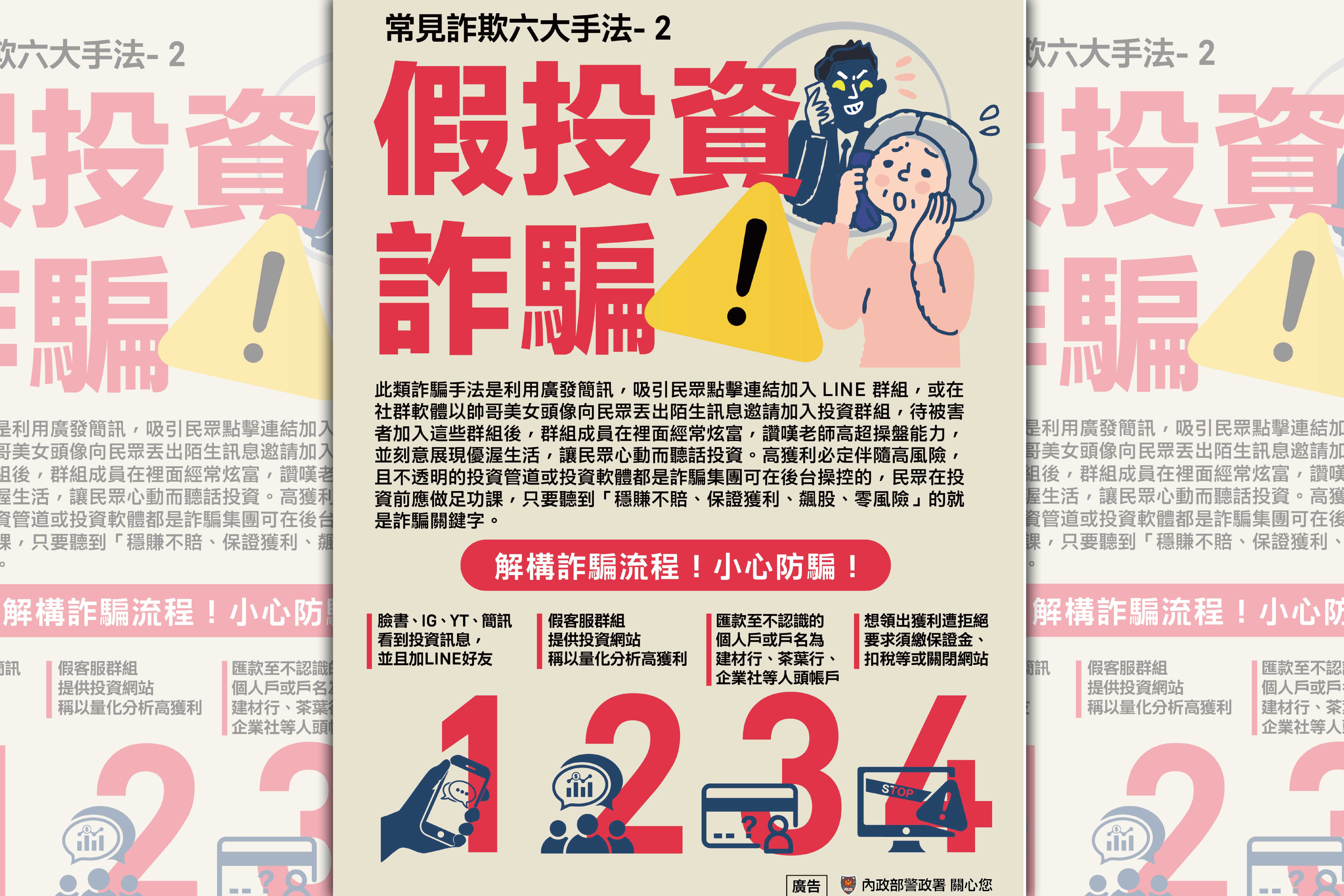 警方公布假投資詐騙宣導圖。（刑事局提供）