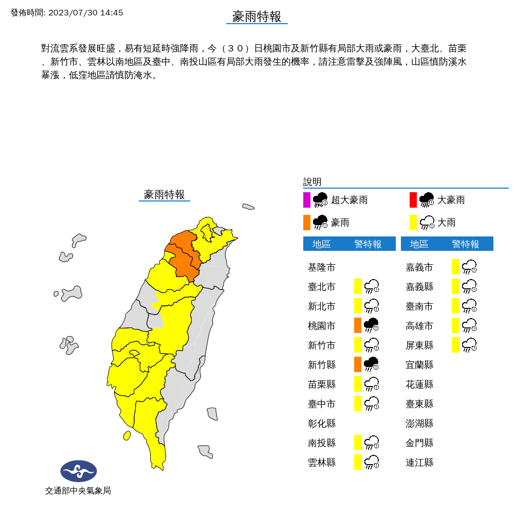 氣象局針對全台14縣市發布豪大雨特報。（氣象局提供）