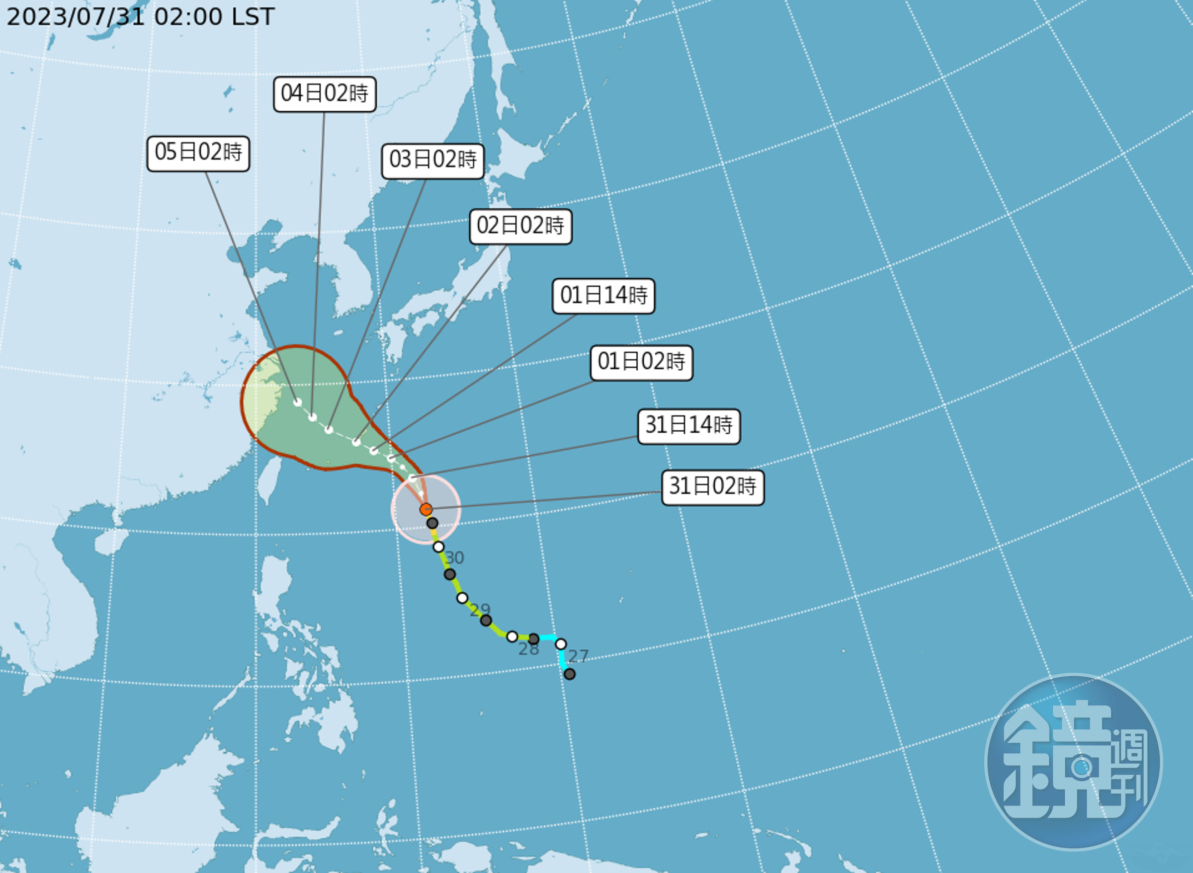中度颱風卡努明外圍環流將影響台灣，降雨機率高的地區會由北部轉往中南部。（中央氣象局提供）
