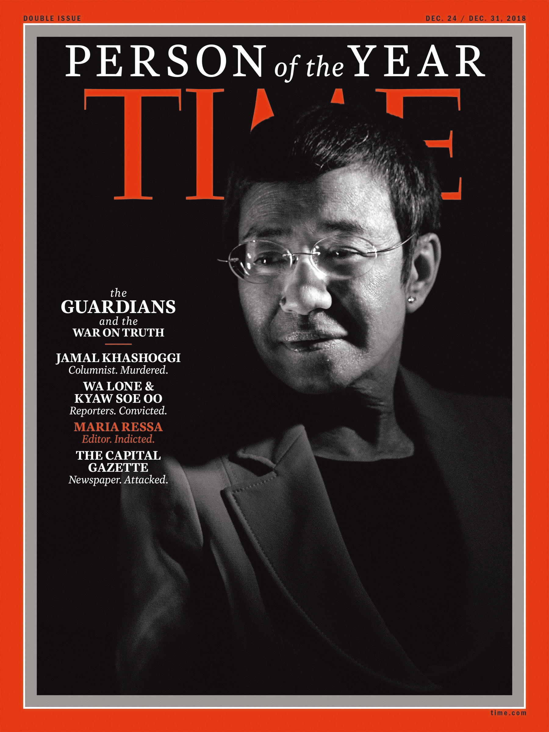 2018年《時代》雜誌將瑞薩選為年度風雲人物之一，稱她是「真相守護者」，同年，杜特蒂政府撤銷《拉普勒》的營業執照。（翻攝《時代》雜誌封面）