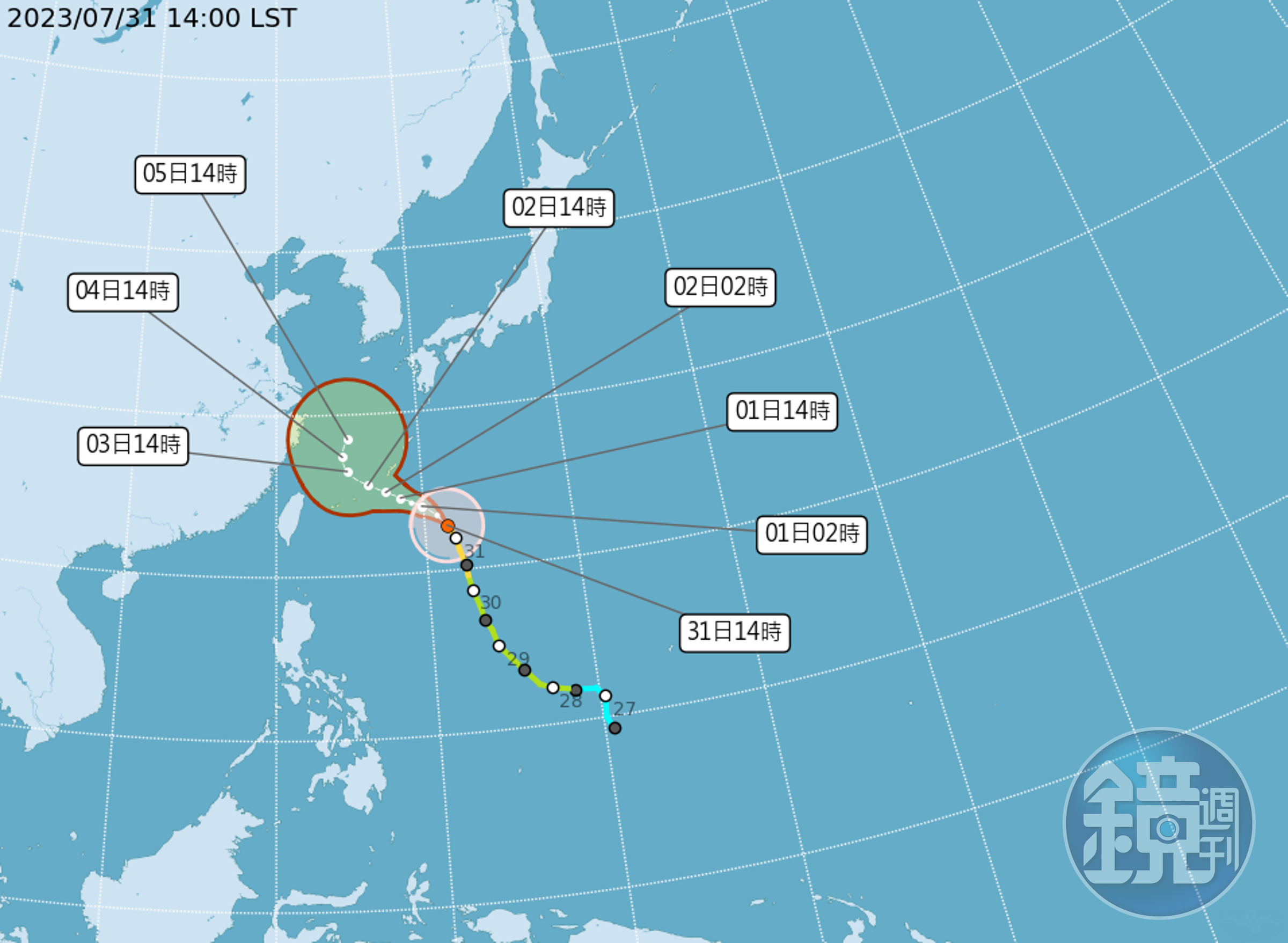 中央氣象局說明中度颱風「卡努」路徑。（中央氣象局提供）