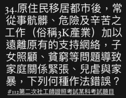 潘姓網友指出，112年專技高考第二次社會工作師考試的題目涉及歧視原住民。（翻攝自臉書）