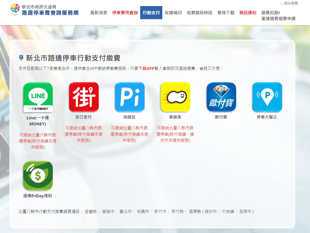新北市路邊停車合作的行動支付業者。（新北市交通局提供）