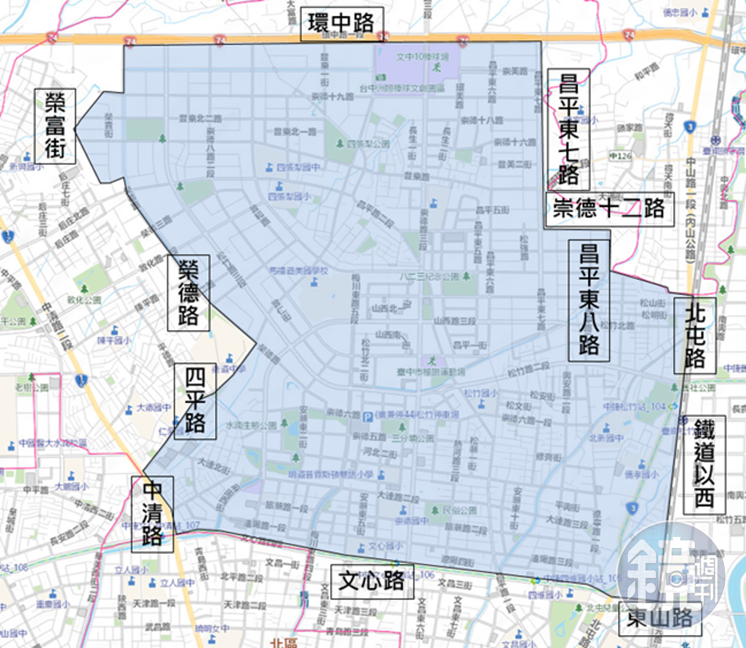 北屯區停水範圍(藍色區域)。(台中市經發局提供)