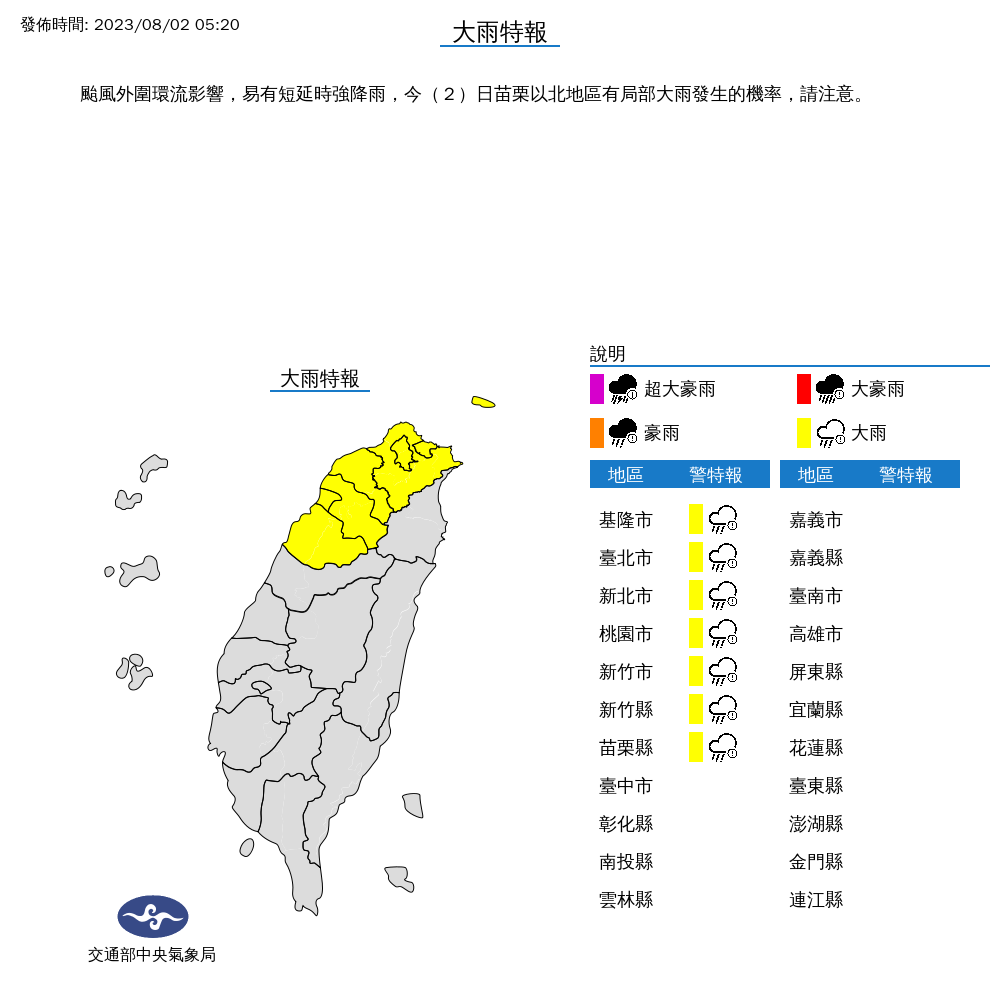 受到颱風外圍環流影響，氣象局針對雙北等7縣市發布大雨特報。（中央氣象局提供）