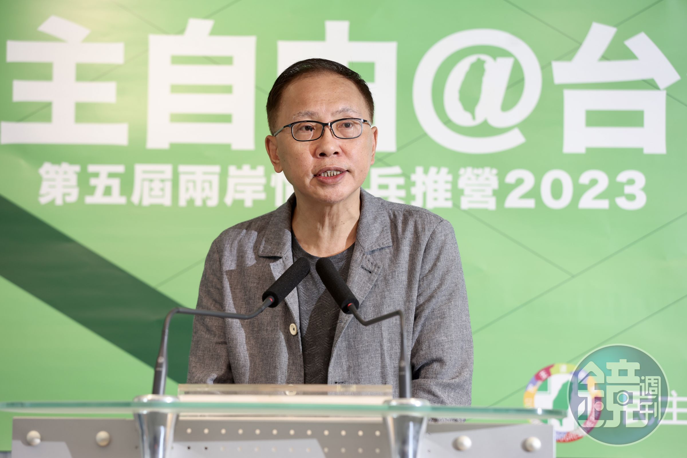 中央警察大學教授、民進黨中國部前主任董立文出席記者會。(民進黨提供)