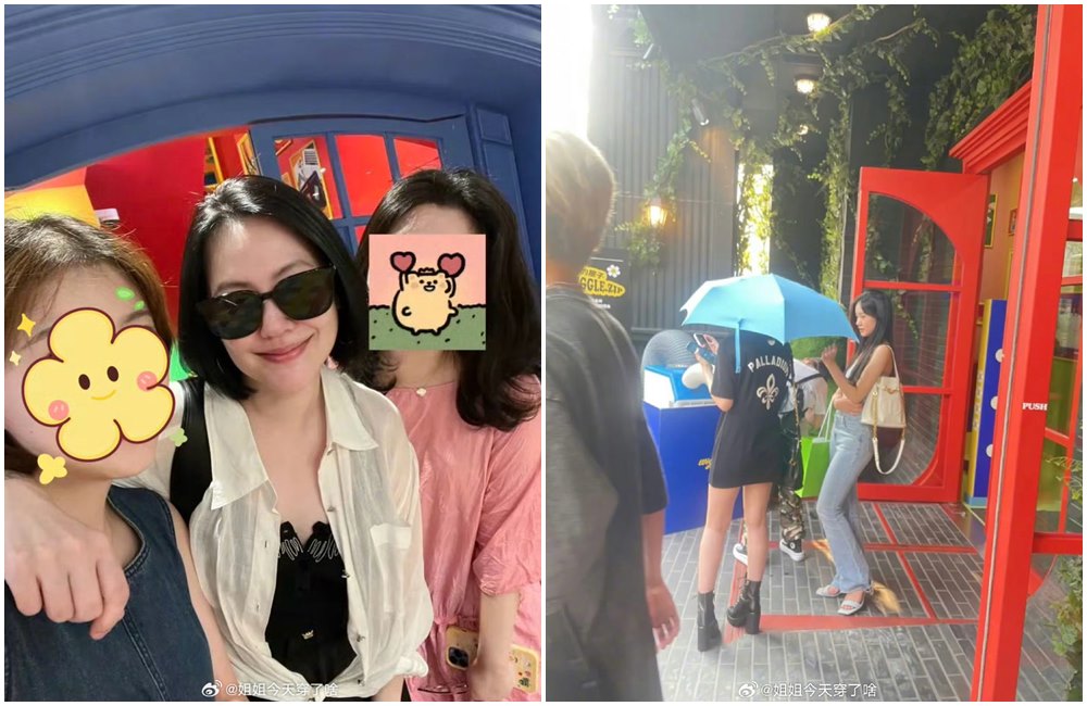 小S親切與認出她的網友合照（左圖），二女兒許韶恩拎DIOR包包，穿著火辣（右圖）。（翻攝微博）