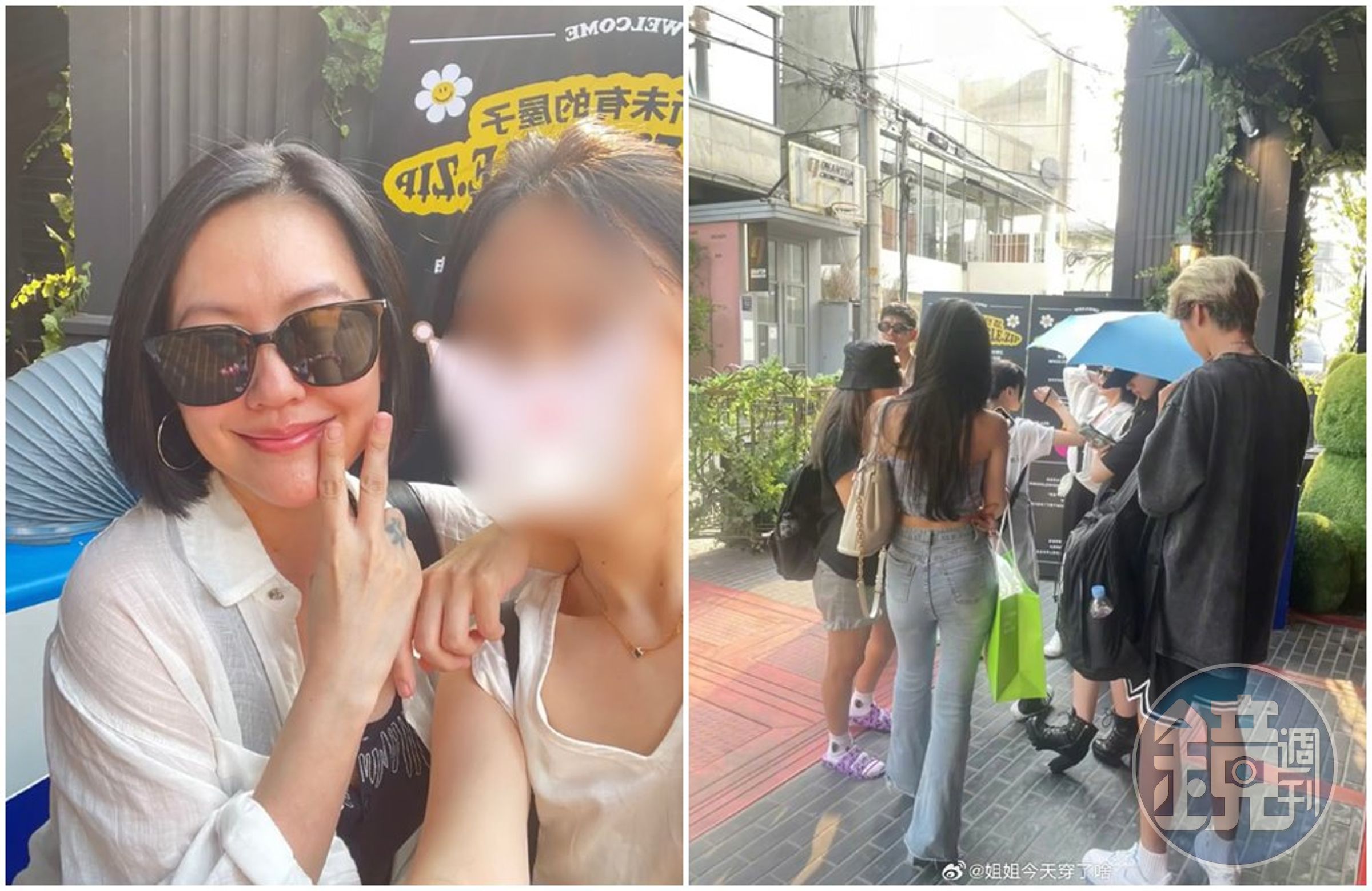 小S與網友合照（左圖），三個女兒也被捕捉到（右圖）。（翻攝微博）