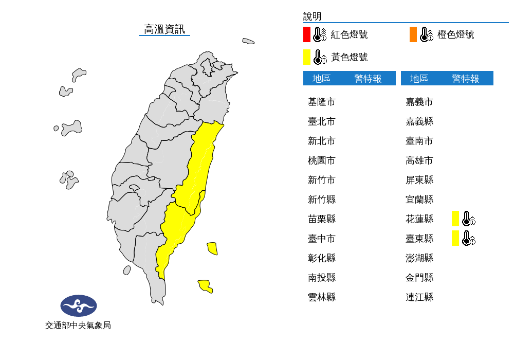氣象局對花蓮、台東發布高溫警訊。（翻攝氣象局官網）