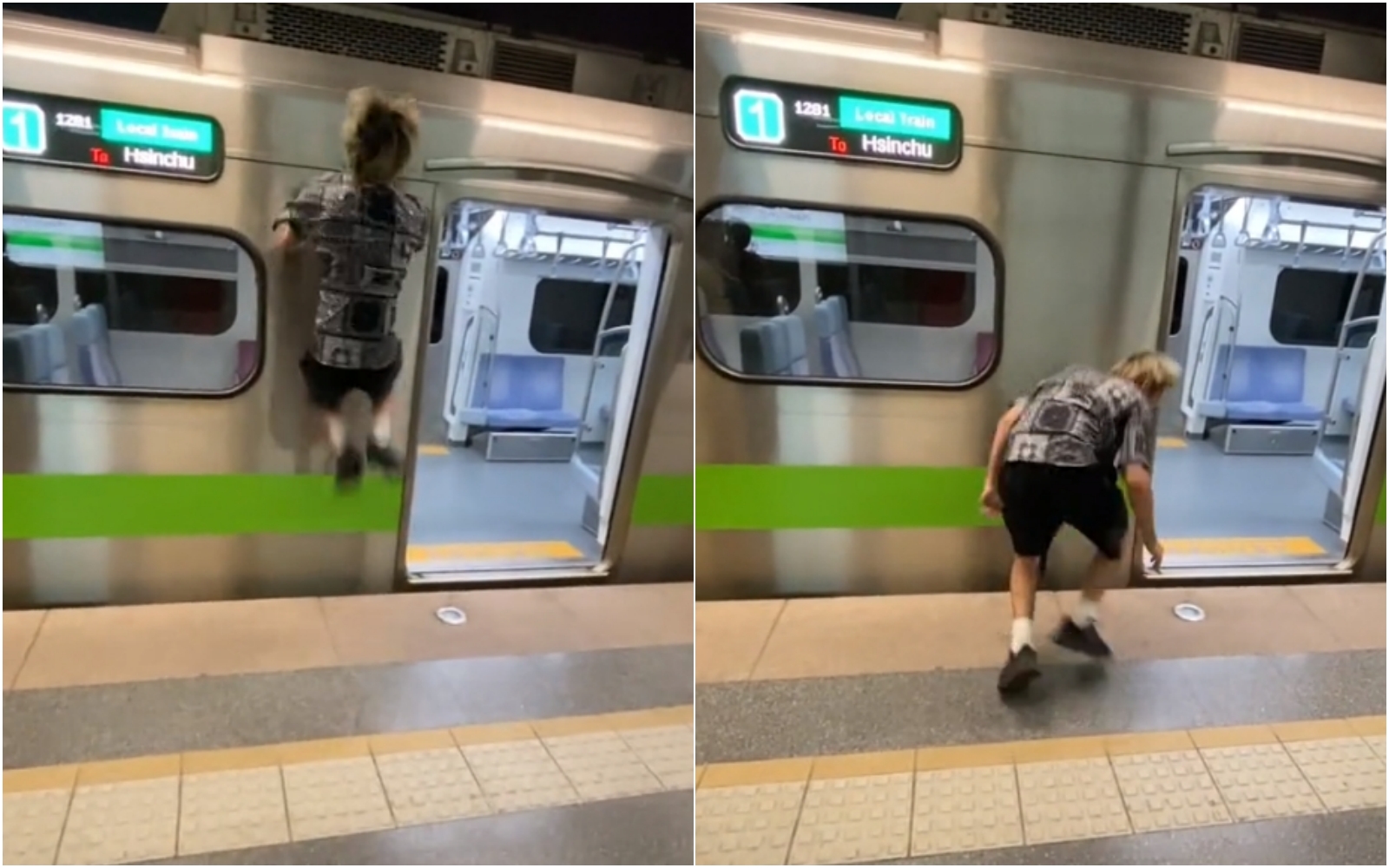 「MFA中輟跑酷少年團」上傳的影片在台鐵列車旁碰著車廂玩後空翻，引發議論。（翻攝自TikTok）