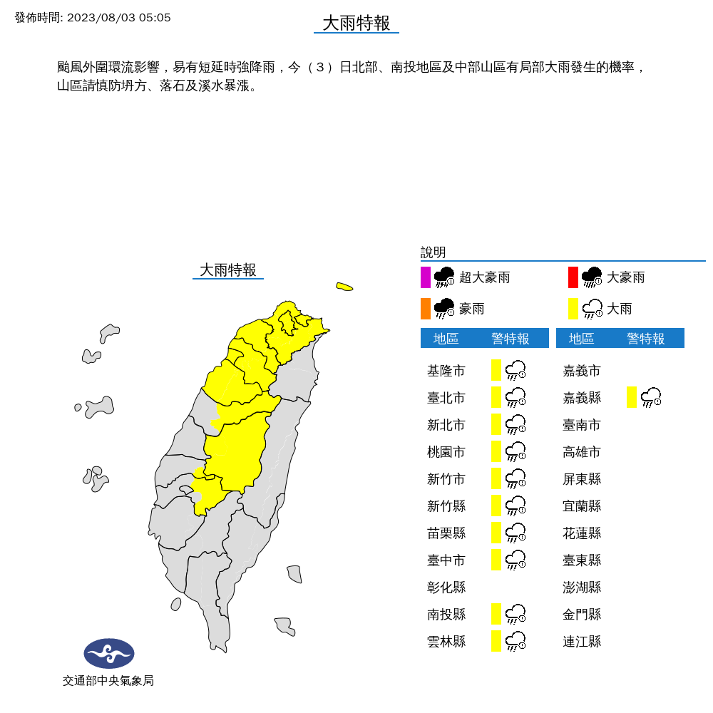 卡努外圍環流持續影響下，氣象局已針對全台11縣市發布大雨特報。（中央氣象局提供）